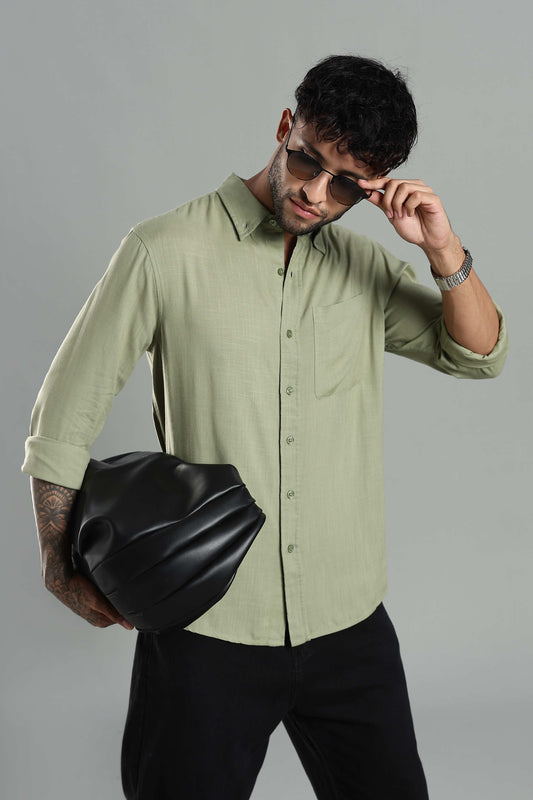 Linen Blend Olive Green Casual Button