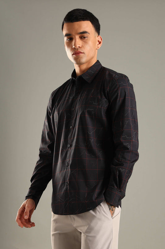 Black Printed Shirt with Red Grid Design