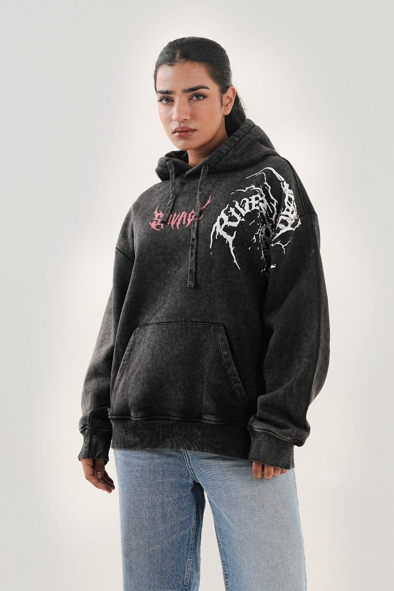 Black Acid Washed Flower Patch Zipped Hood Sweatshirt FINAL SALE