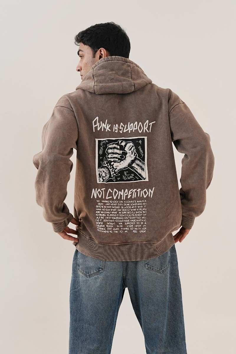 Support Punk Brown Acid Wash Hoodie (Mens)