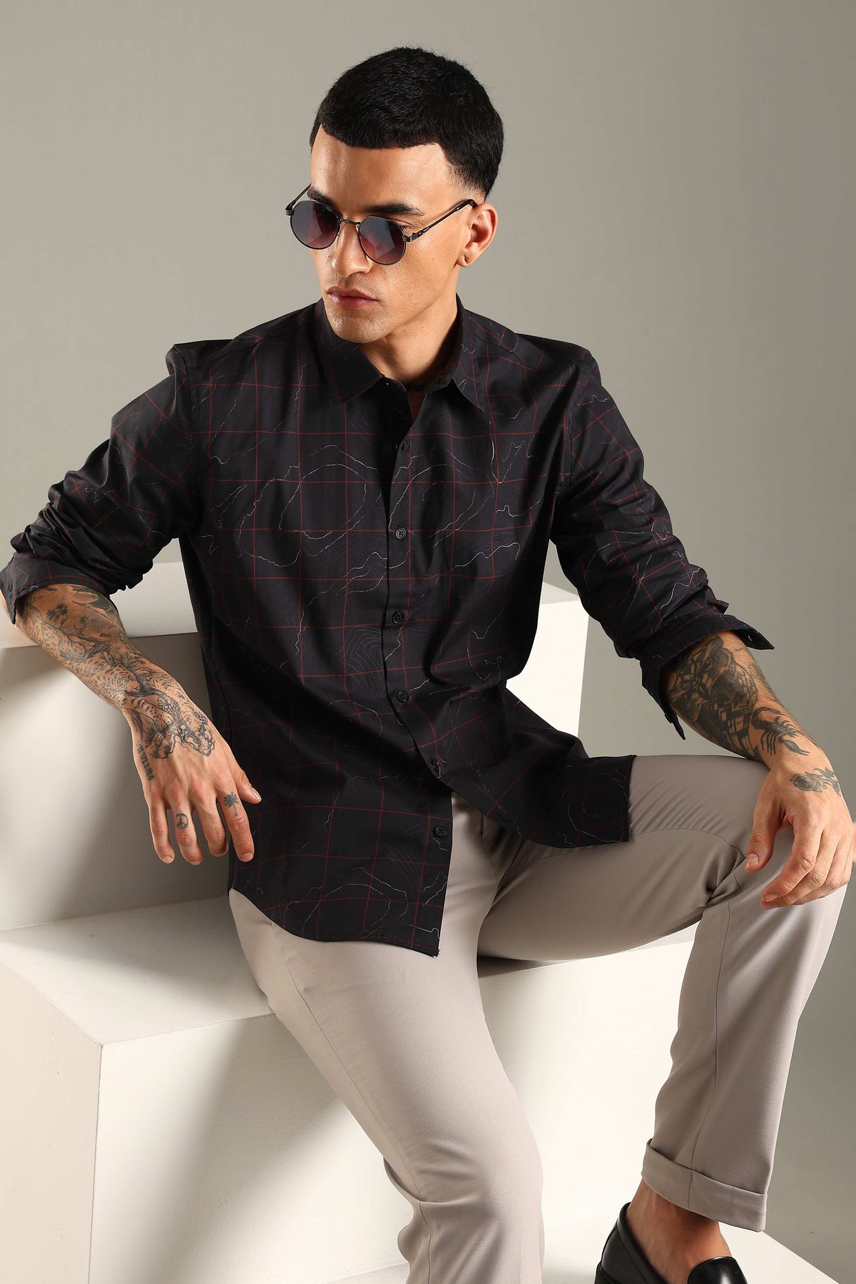 Black Printed Shirt with Red Grid Design