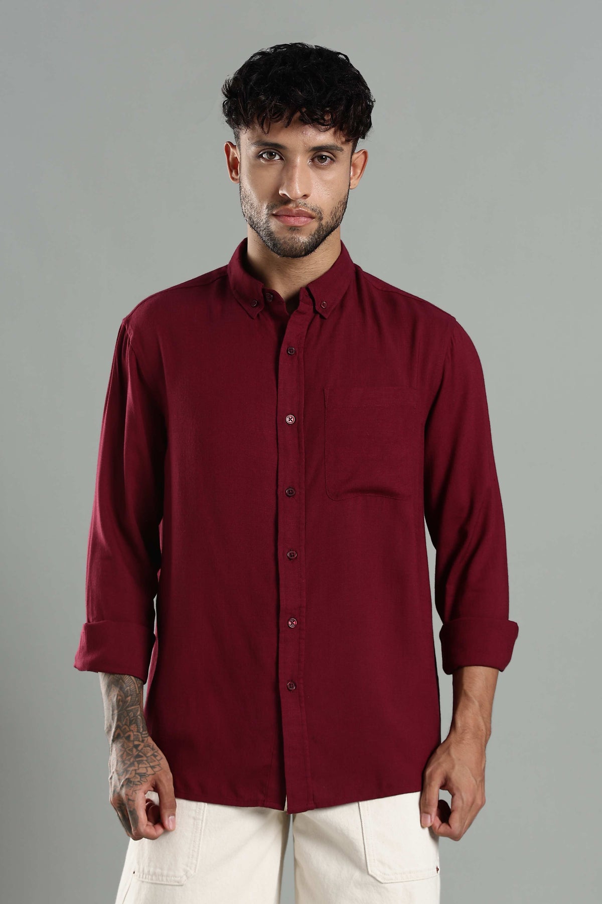 Linen Blend Maroon Casual Shirt