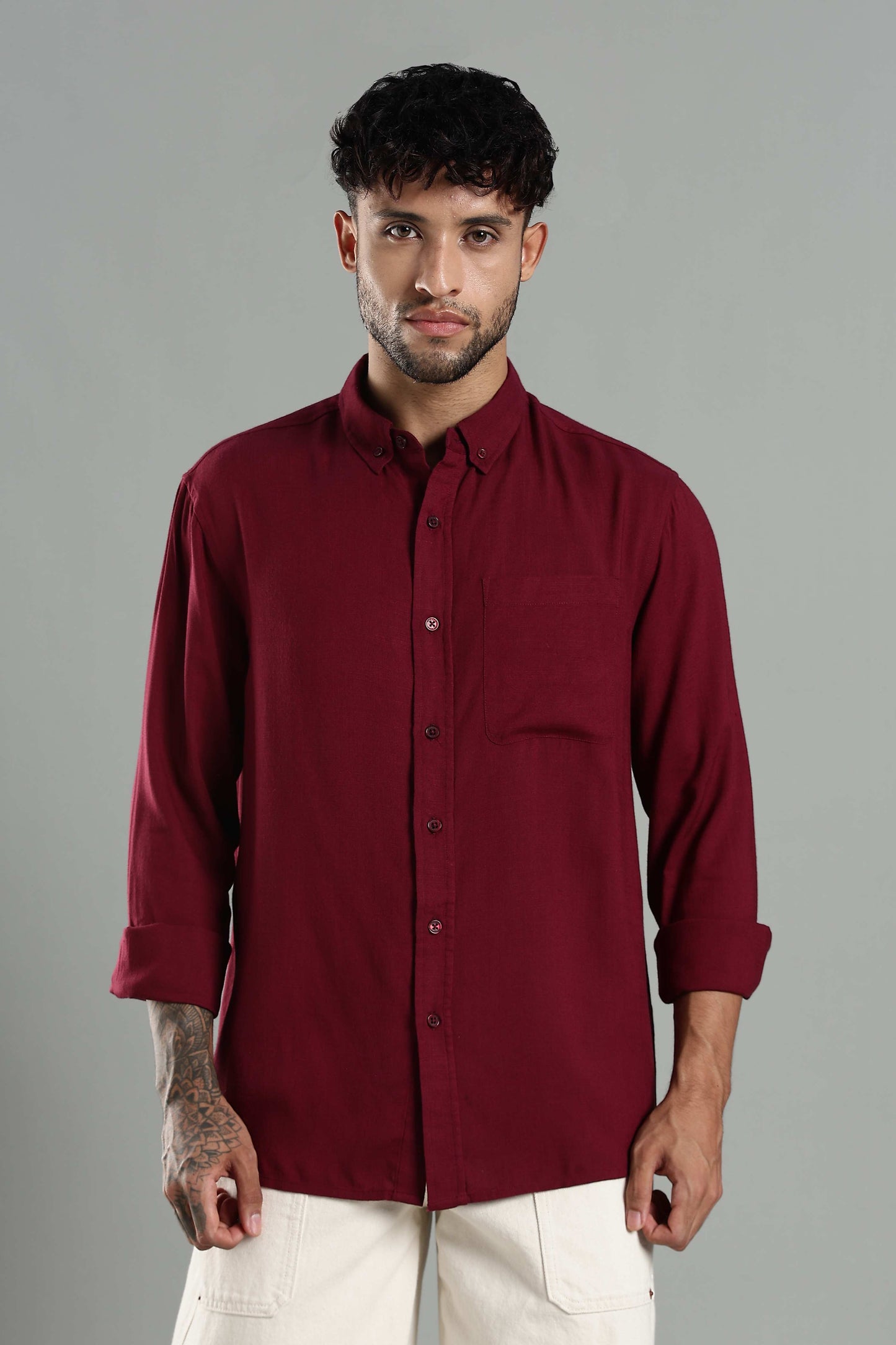 Linen Blend Maroon Casual Shirt