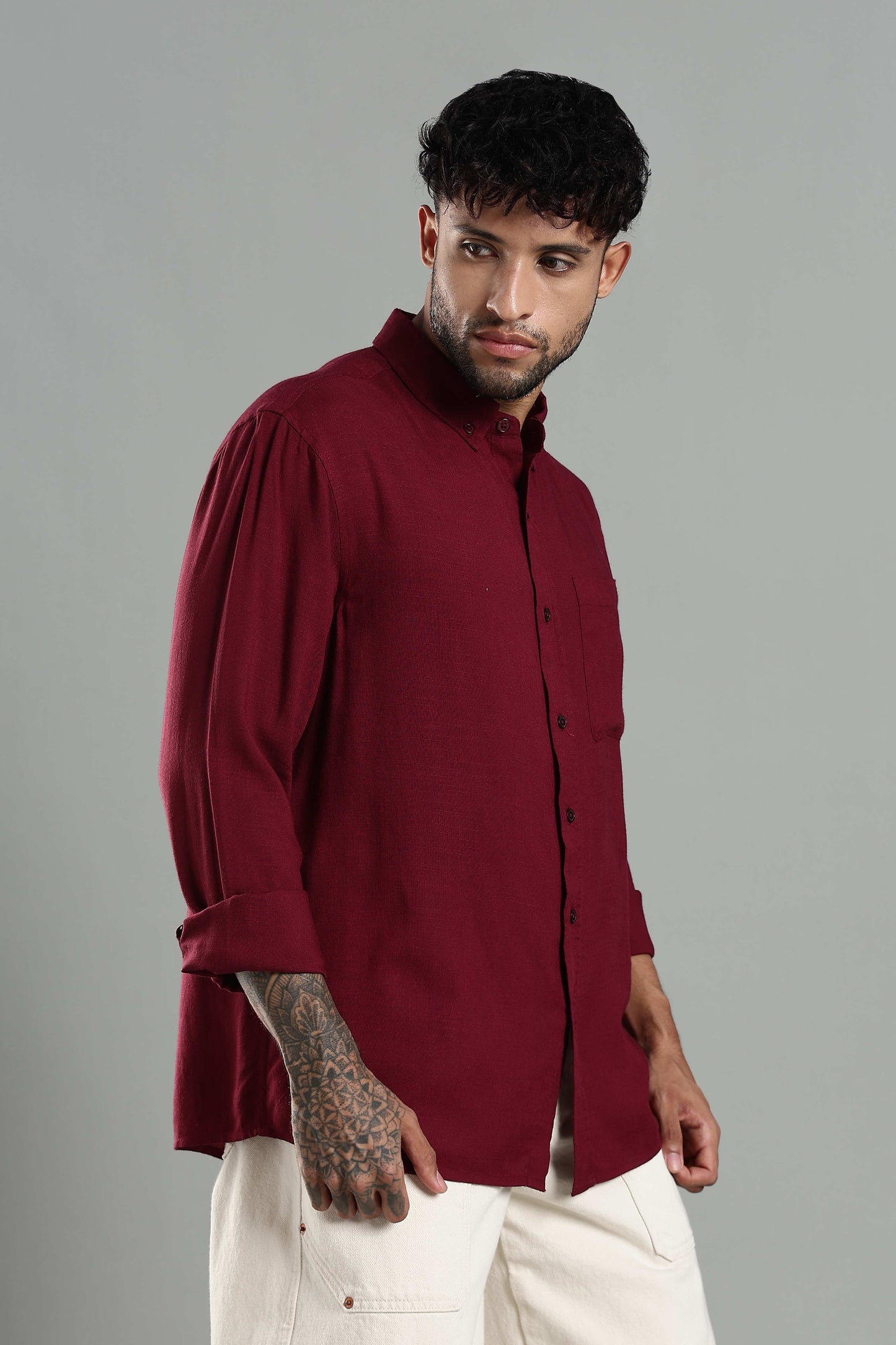 Linen Blend Maroon Casual Shirt