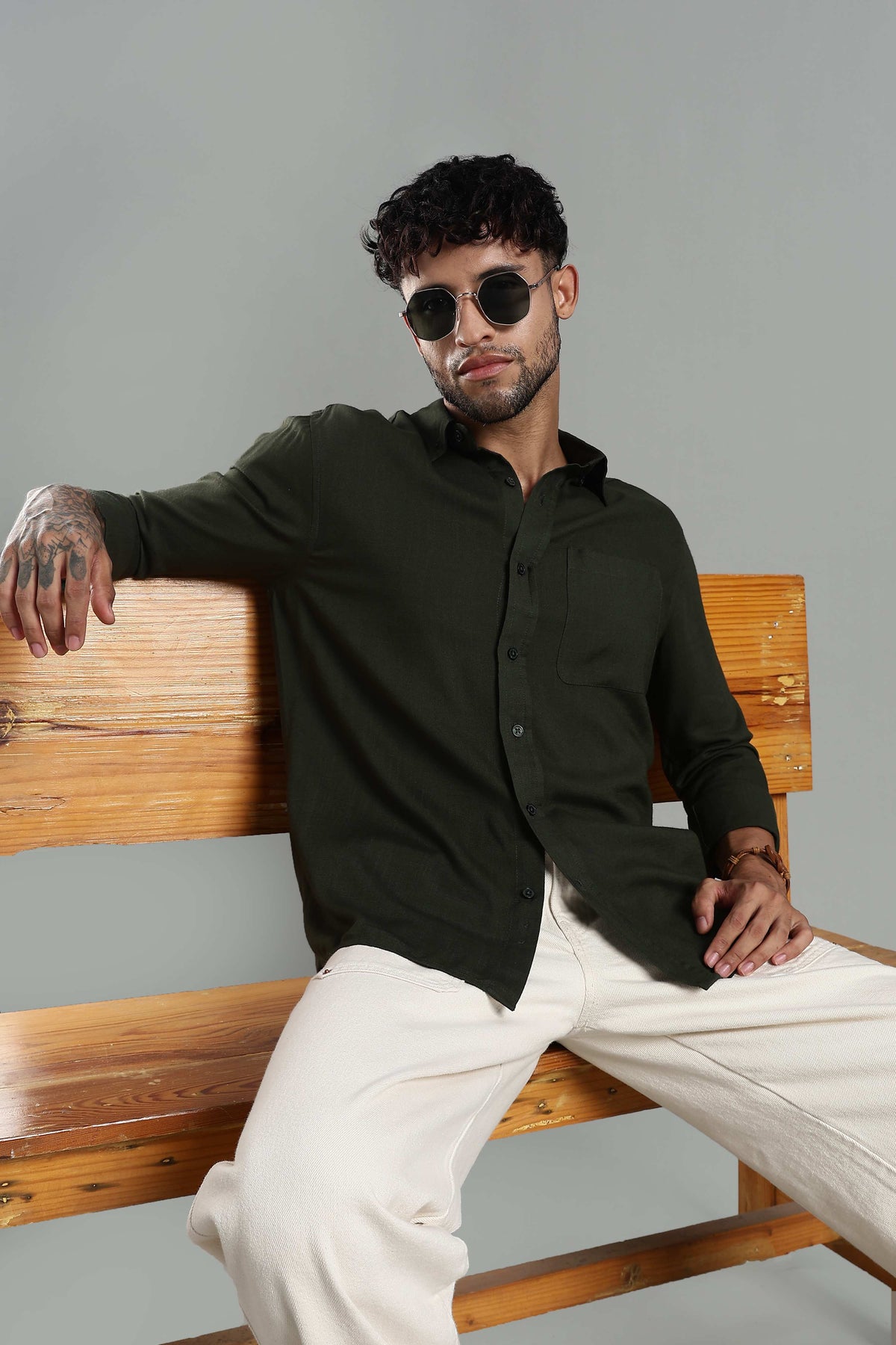 Linen Blend Dark Green Casual Shirt