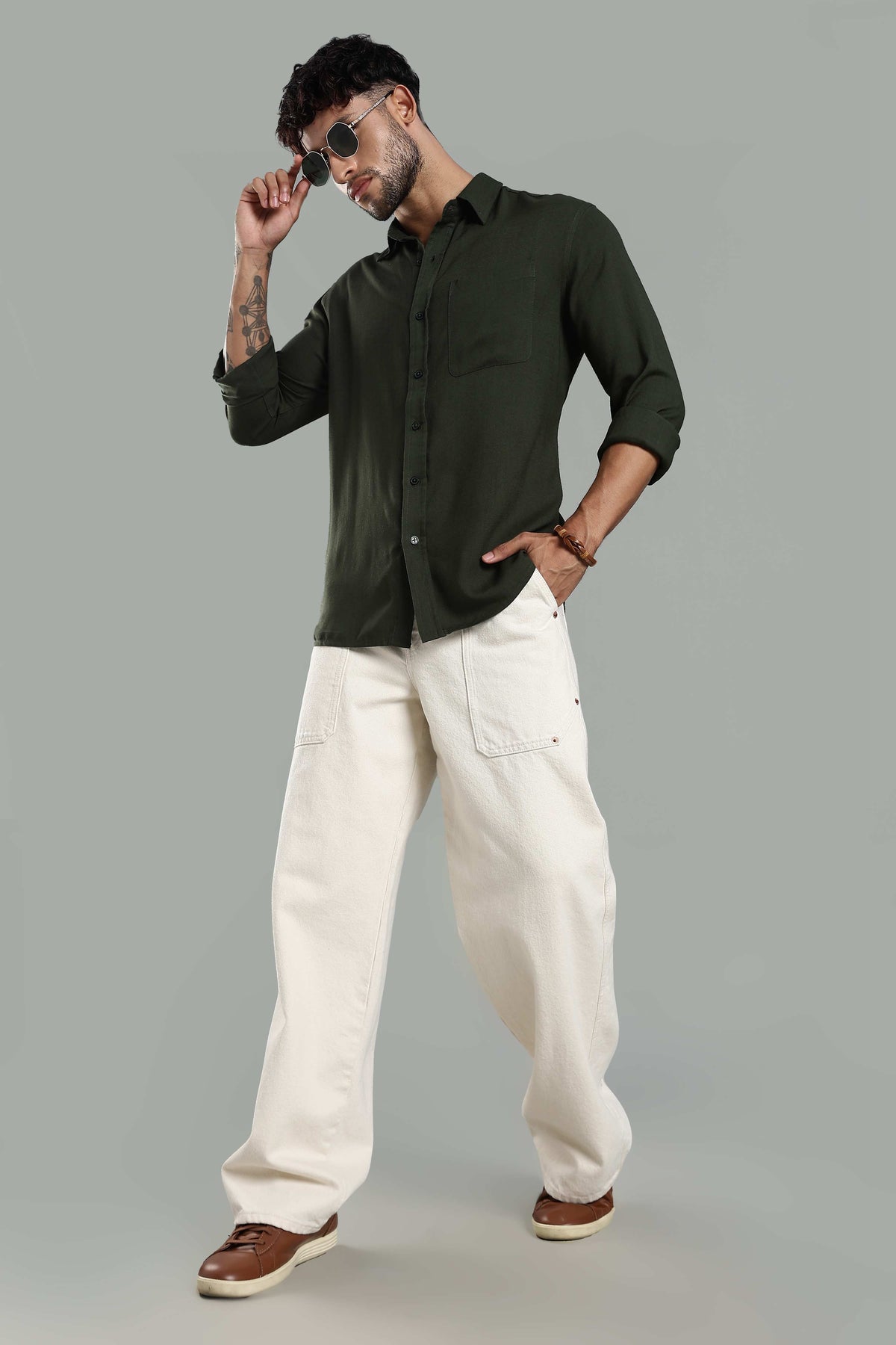 Linen Blend Dark Green Casual Shirt