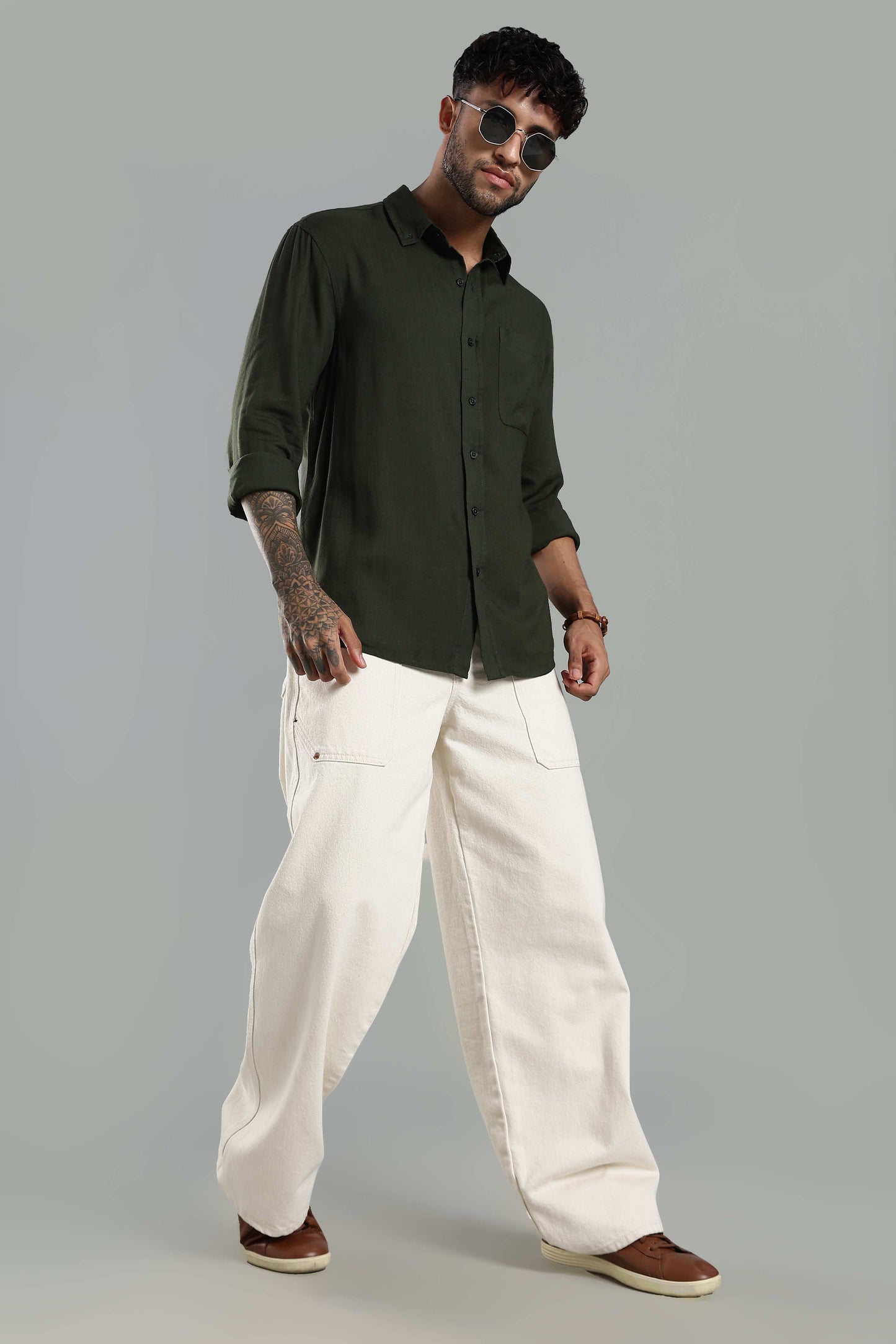 Linen Blend Dark Green Casual Shirt