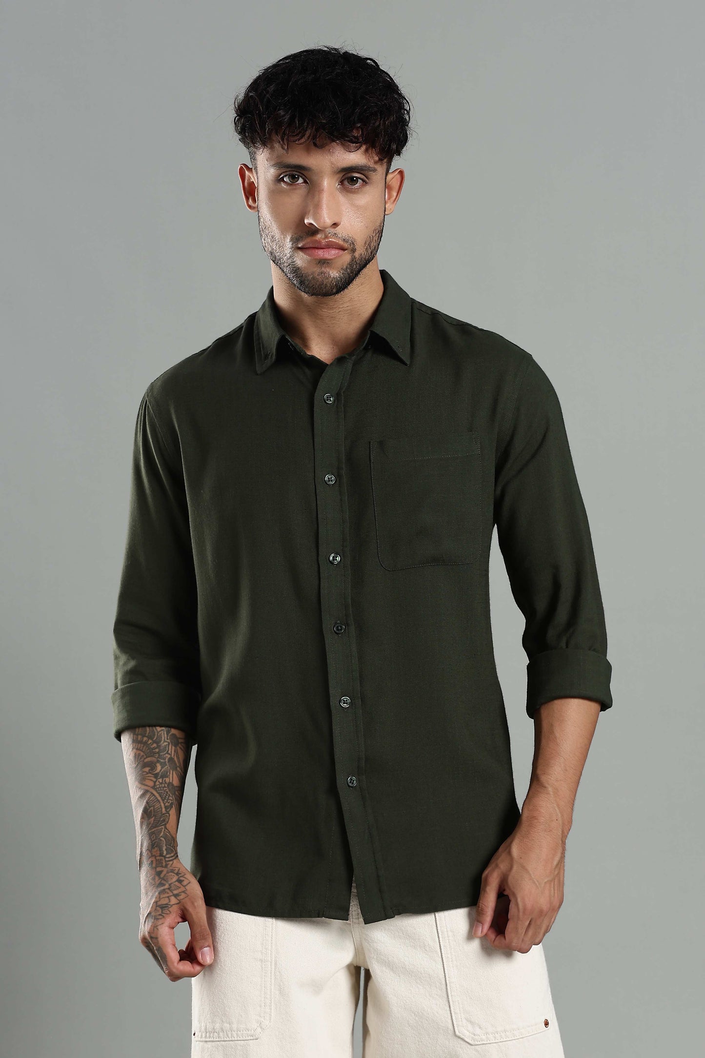 Linen Blend Dark Green Casual Shirt
