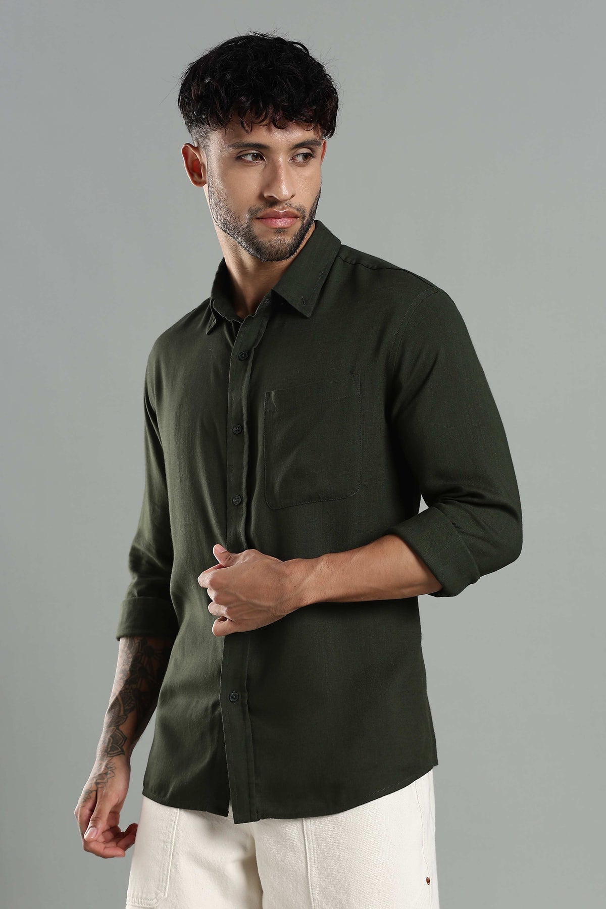 Linen Blend Dark Green Casual Shirt