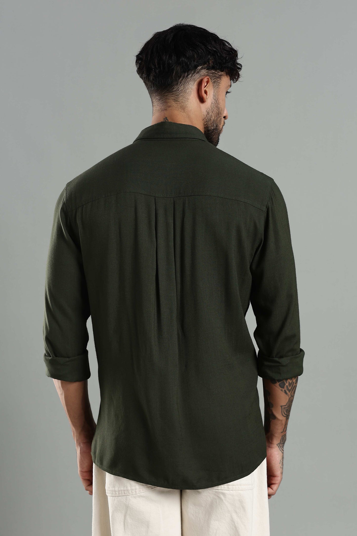 Linen Blend Dark Green Casual Shirt