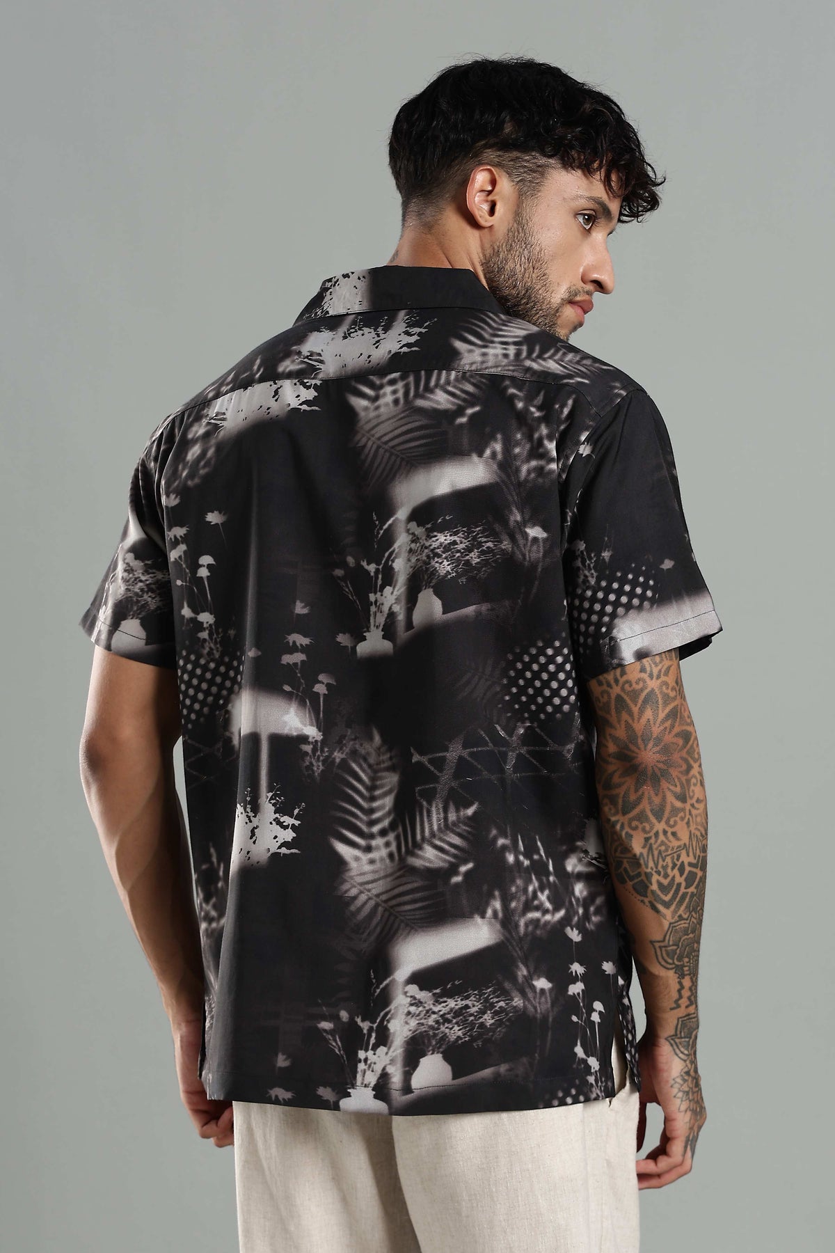 Men's Black Abstract Nature-Print Cuban Collar Shirt