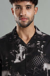 Men's Black Abstract Nature-Print Cuban Collar Shirt