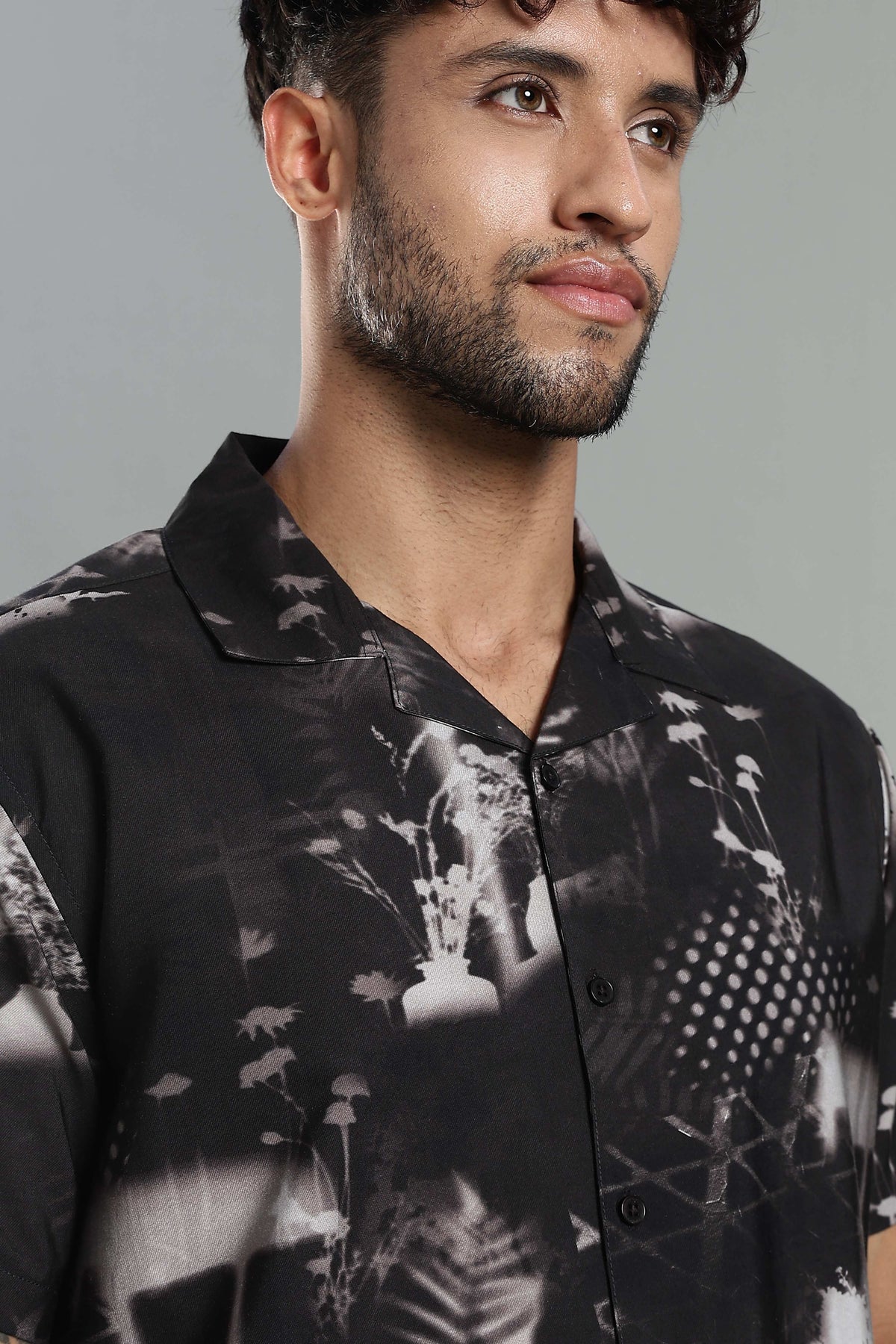 Men's Black Abstract Nature-Print Cuban Collar Shirt