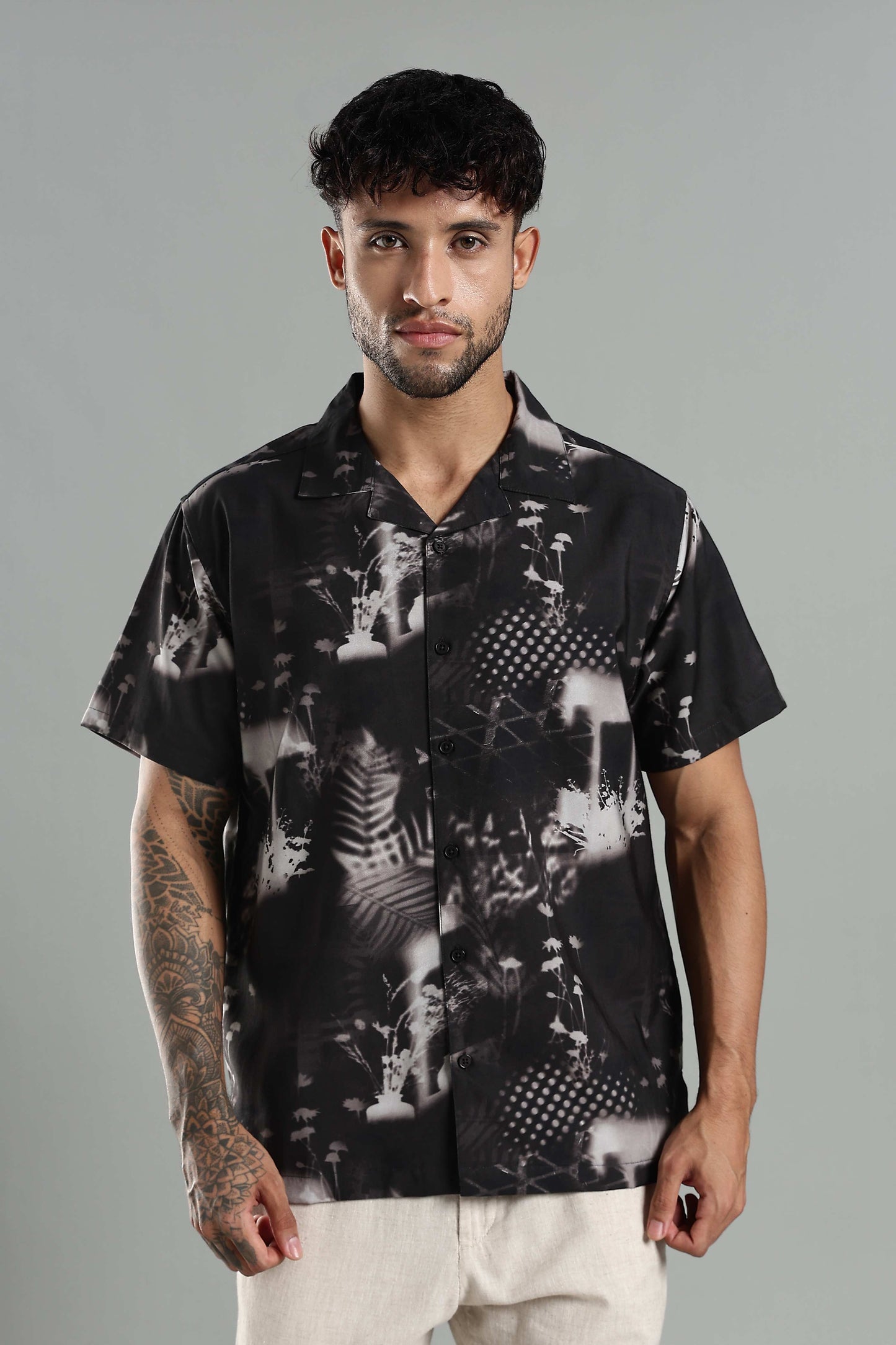Men's Black Abstract Nature-Print Cuban Collar Shirt