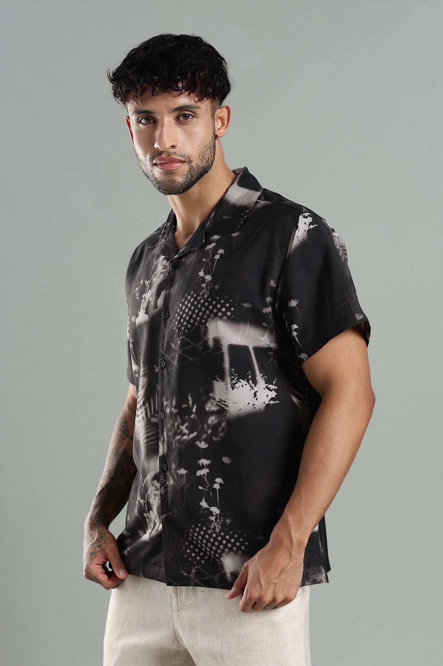 Men's Black Abstract Nature-Print Cuban Collar Shirt