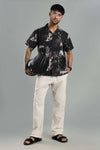 Men's Black Abstract Nature-Print Cuban Collar Shirt