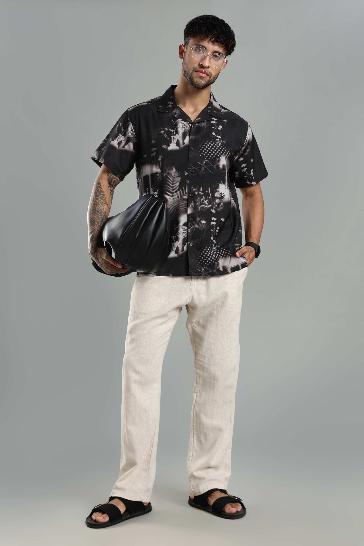 Men's Black Abstract Nature-Print Cuban Collar Shirt