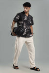 Men's Black Abstract Nature-Print Cuban Collar Shirt