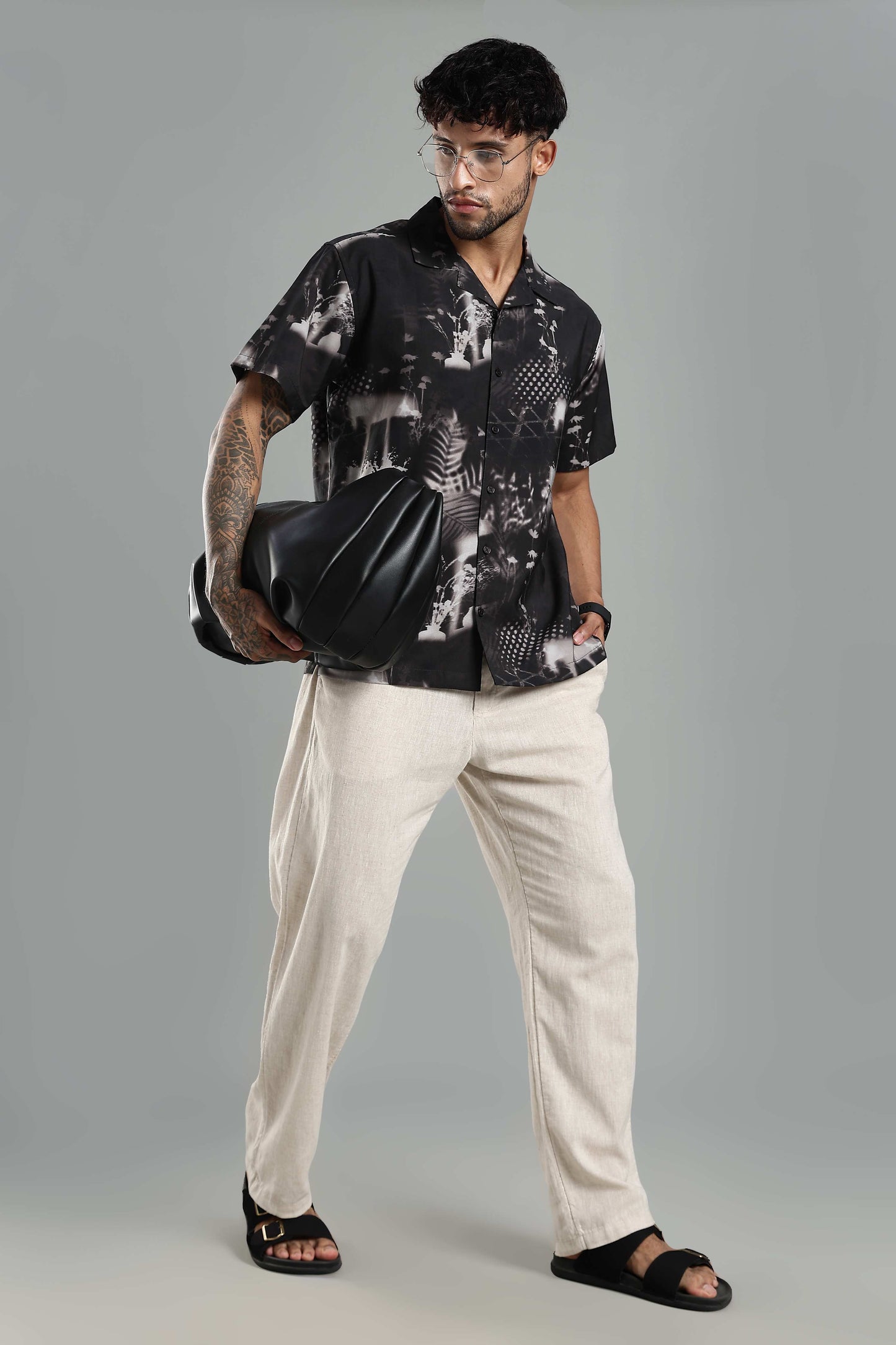 Men's Black Abstract Nature-Print Cuban Collar Shirt