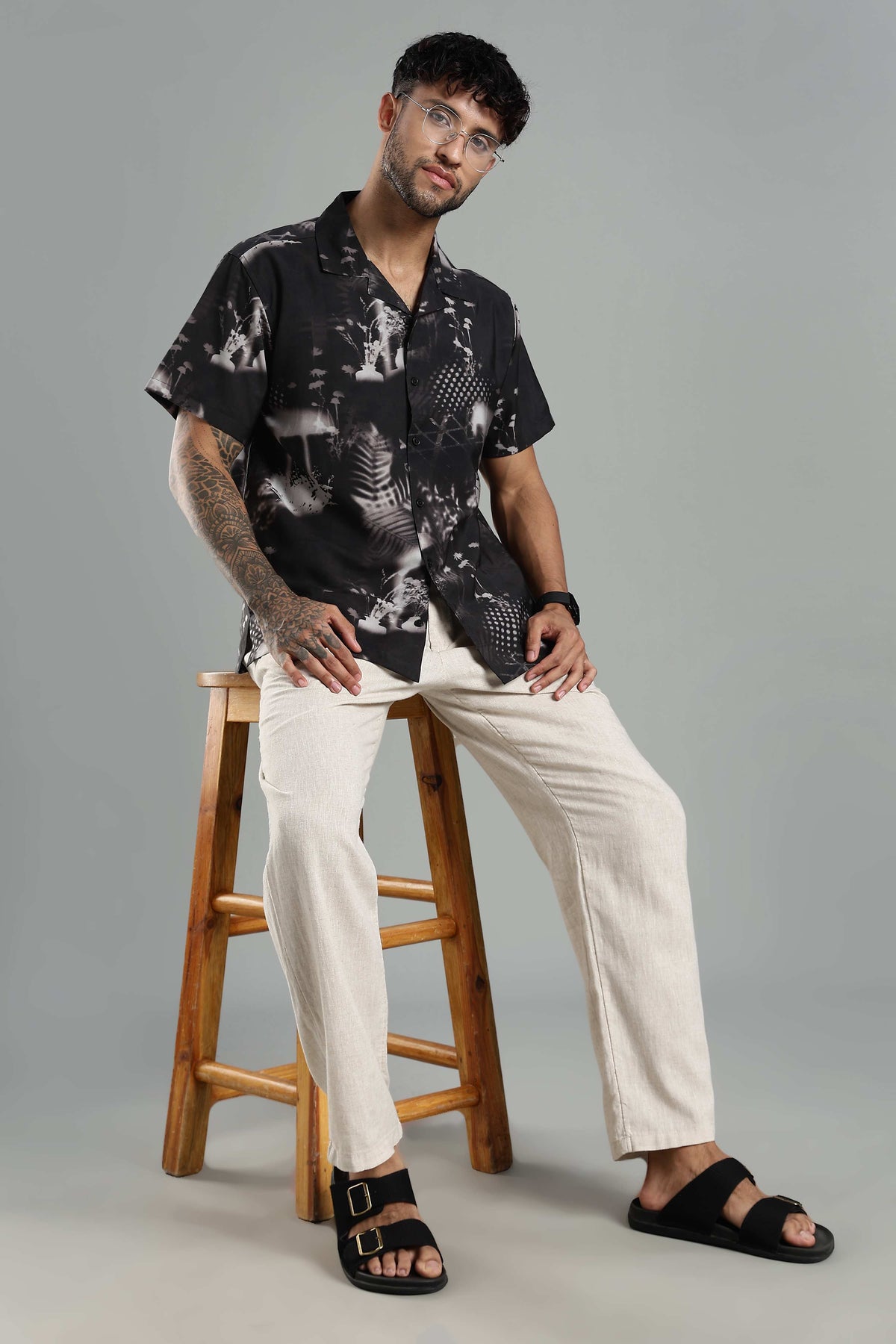 Men's Black Abstract Nature-Print Cuban Collar Shirt