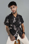 Men's Black Abstract Nature-Print Cuban Collar Shirt