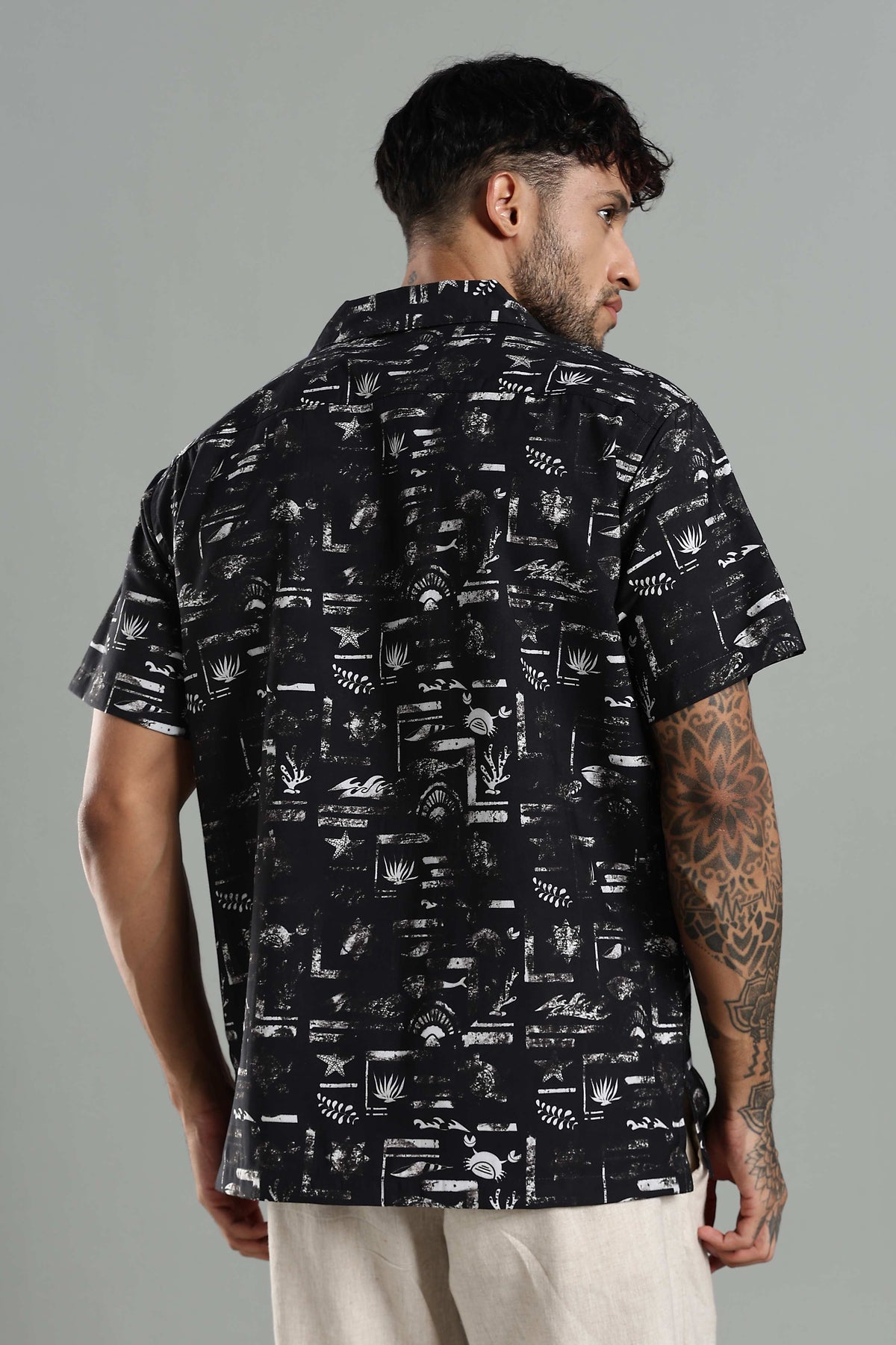 Relaxed-Fit Printed Cuban Collar Shirt in Black and White