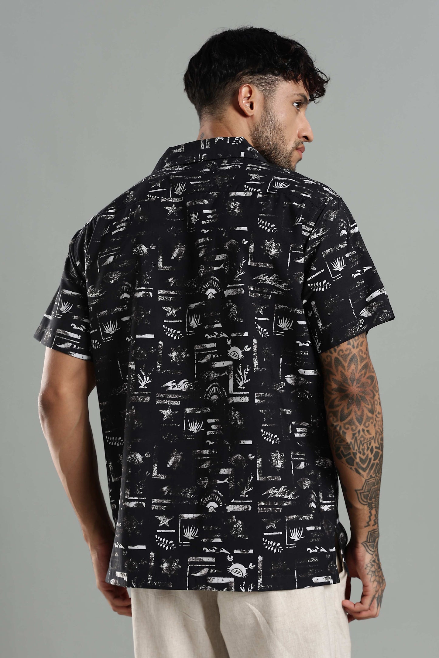 Relaxed-Fit Printed Cuban Collar Shirt in Black and White