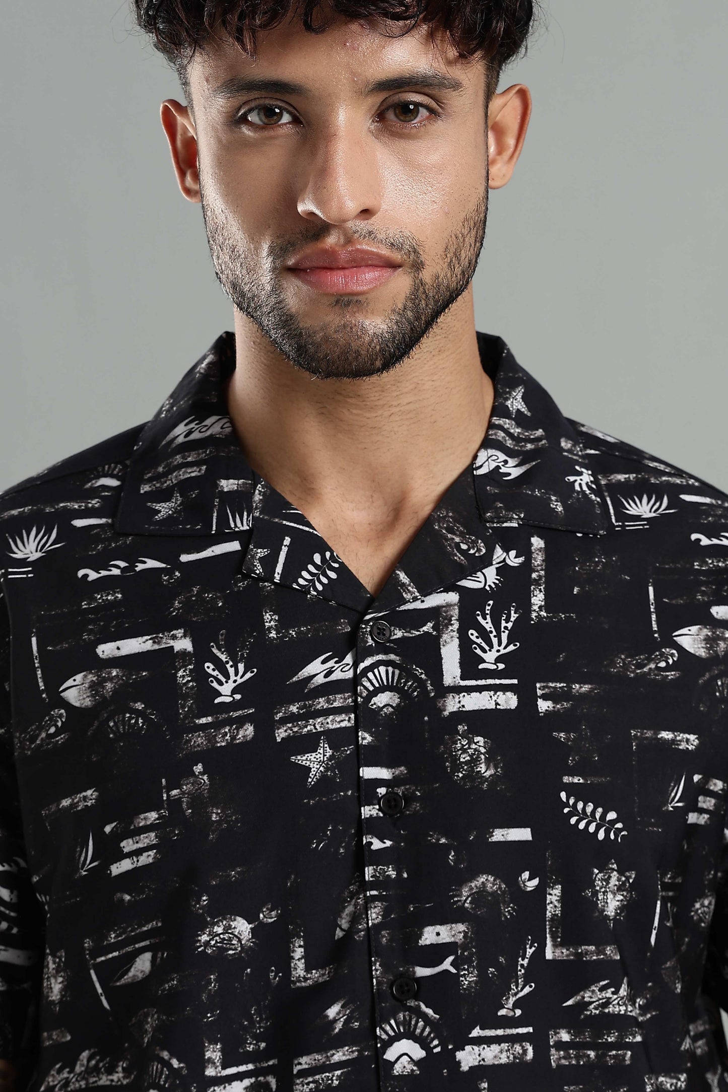 Relaxed-Fit Printed Cuban Collar Shirt in Black and White