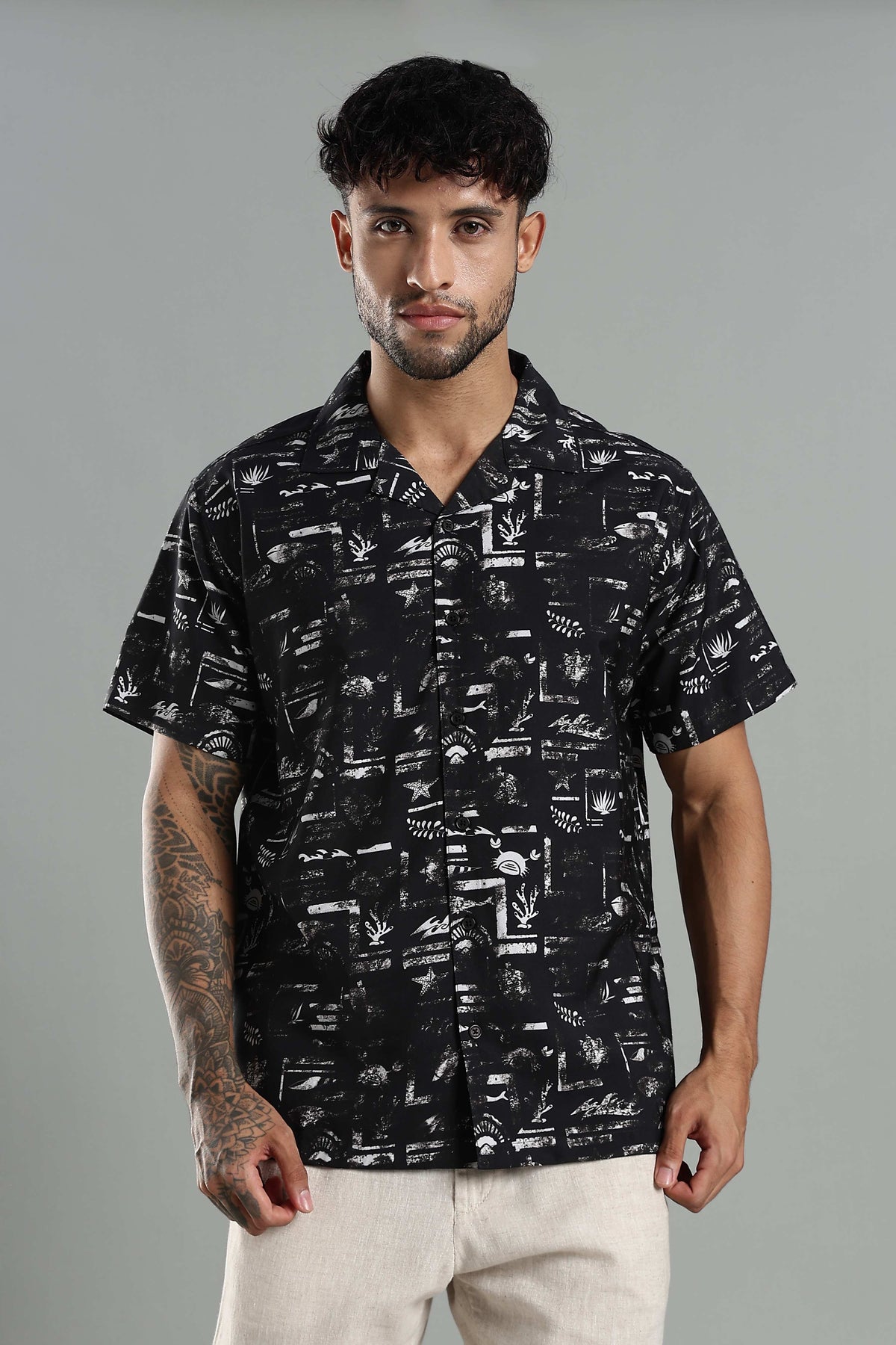 Relaxed-Fit Printed Cuban Collar Shirt in Black and White