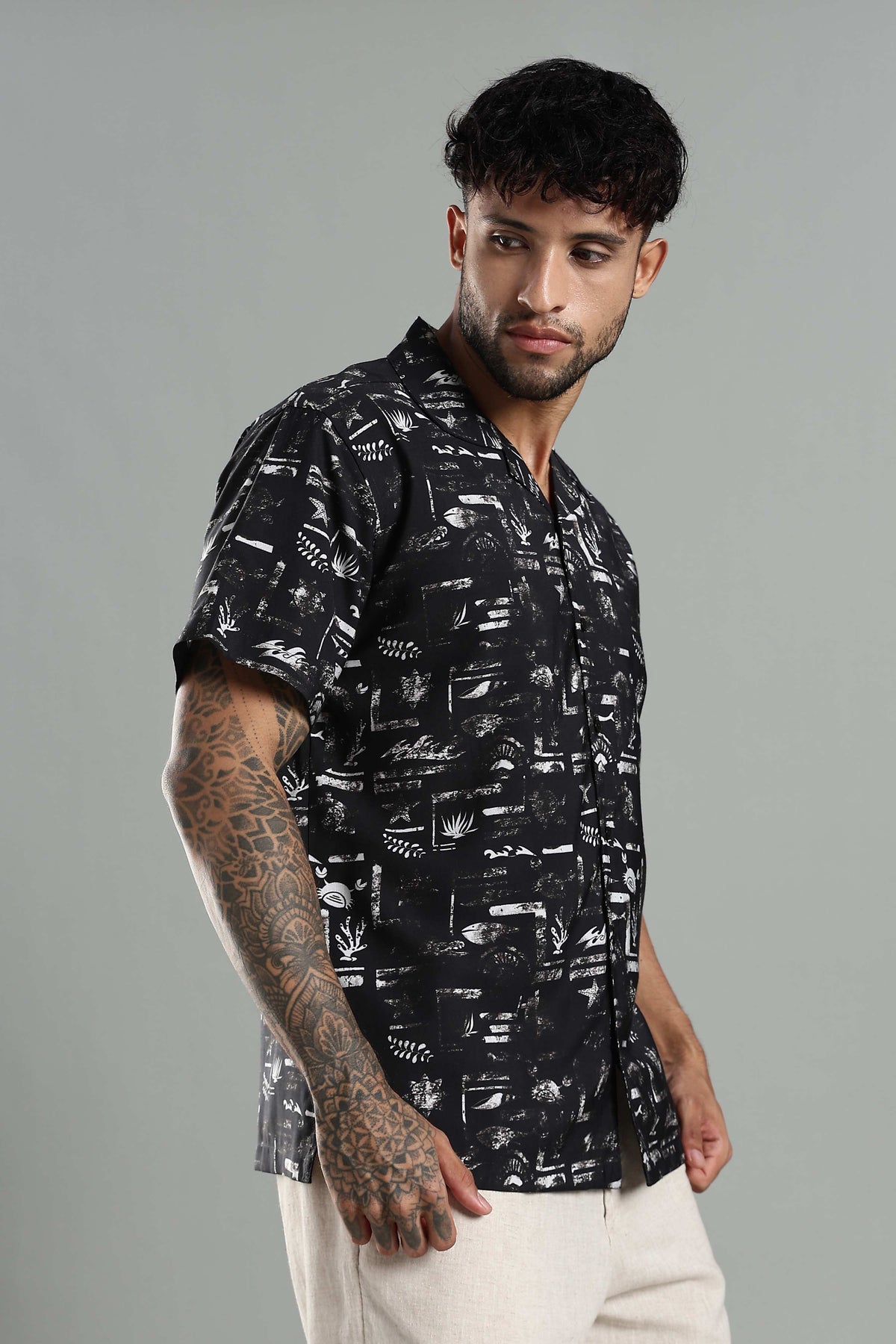 Relaxed-Fit Printed Cuban Collar Shirt in Black and White