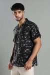 Relaxed-Fit Printed Cuban Collar Shirt in Black and White