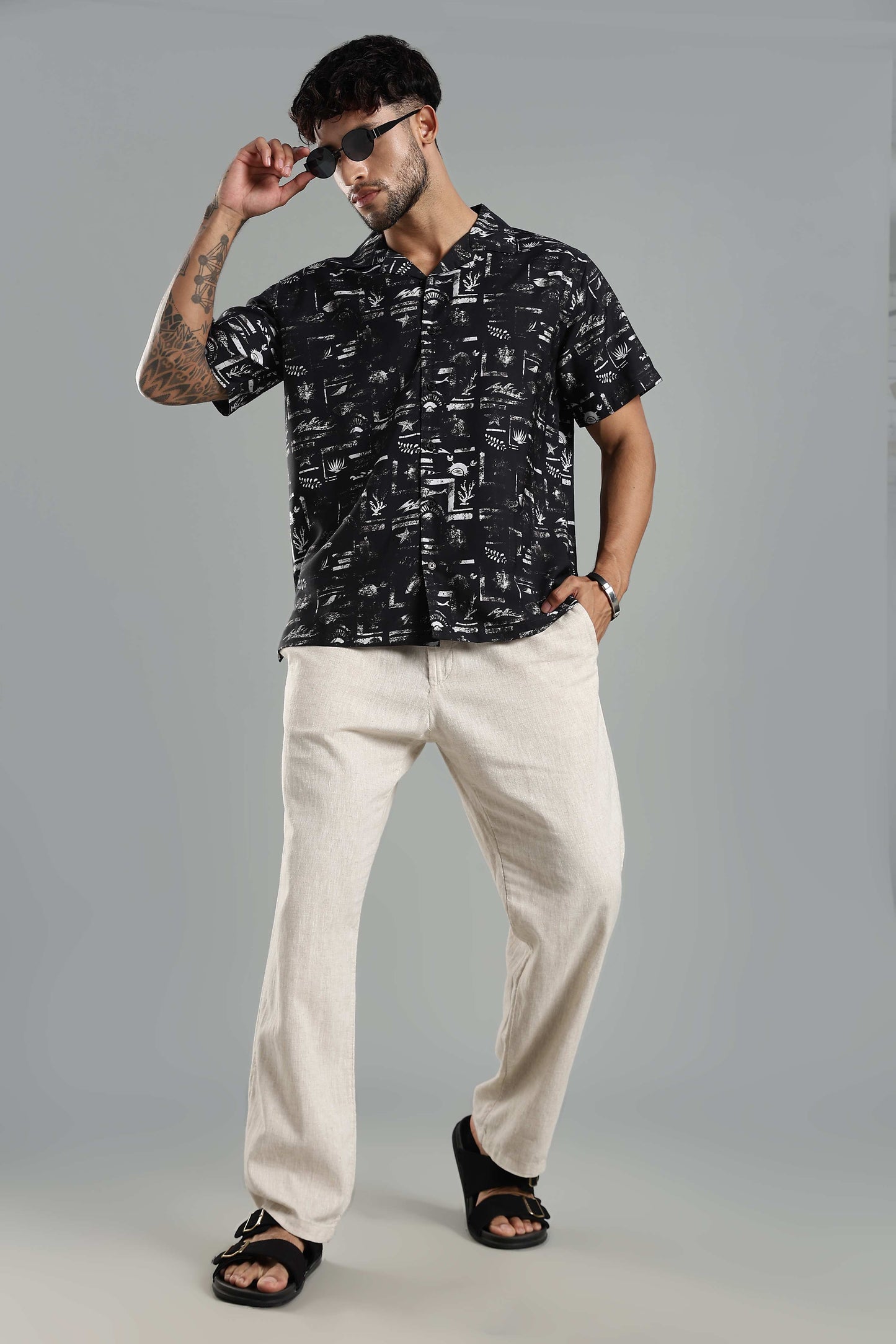 Relaxed-Fit Printed Cuban Collar Shirt in Black and White