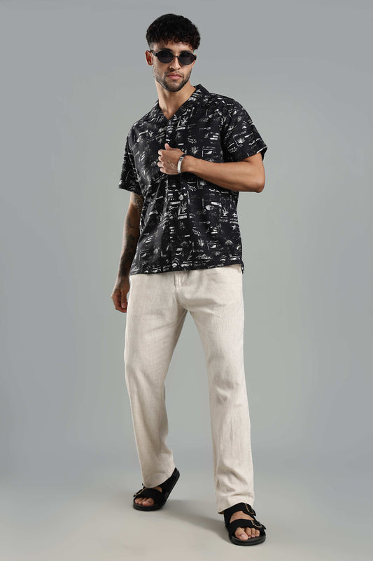 Relaxed-Fit Printed Cuban Collar Shirt in Black and White