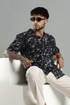 Relaxed-Fit Printed Cuban Collar Shirt in Black and White