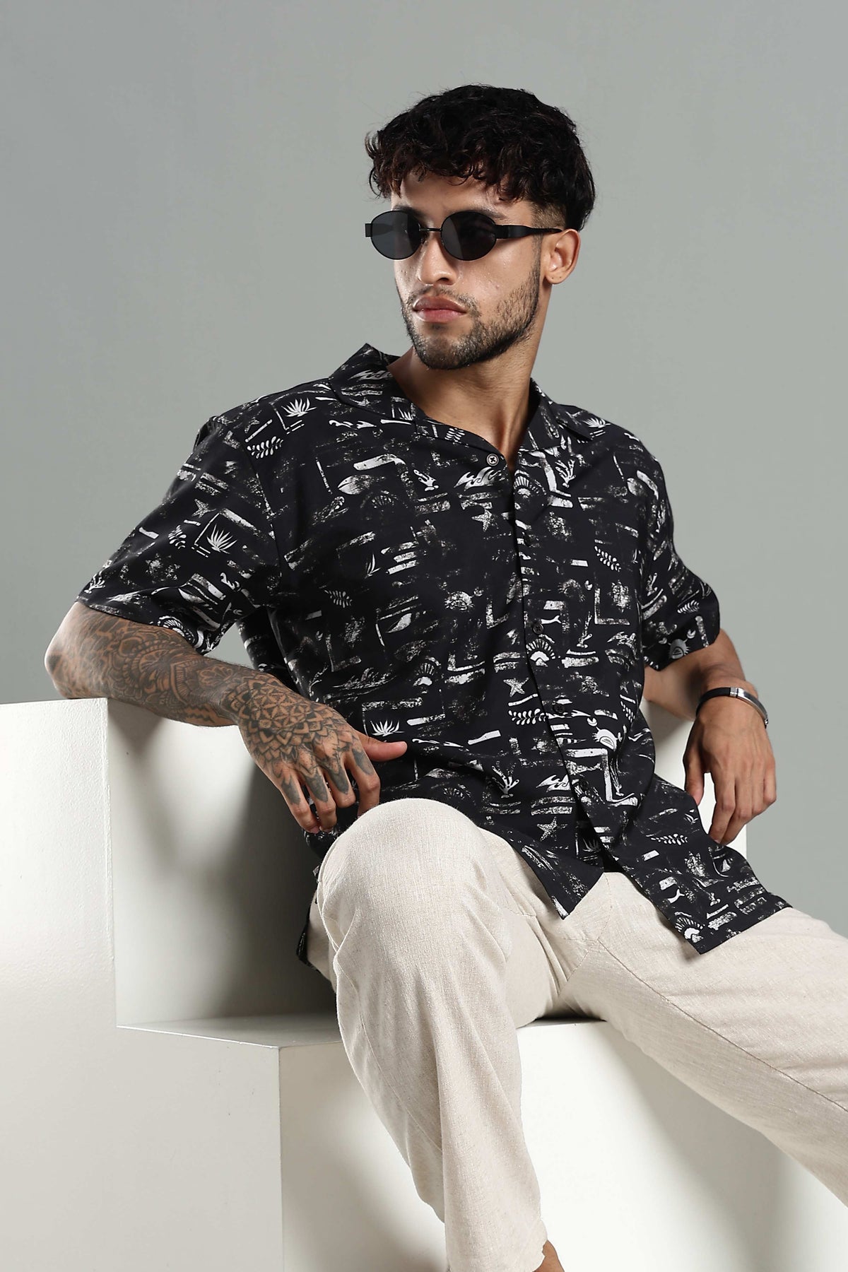 Relaxed-Fit Printed Cuban Collar Shirt in Black and White