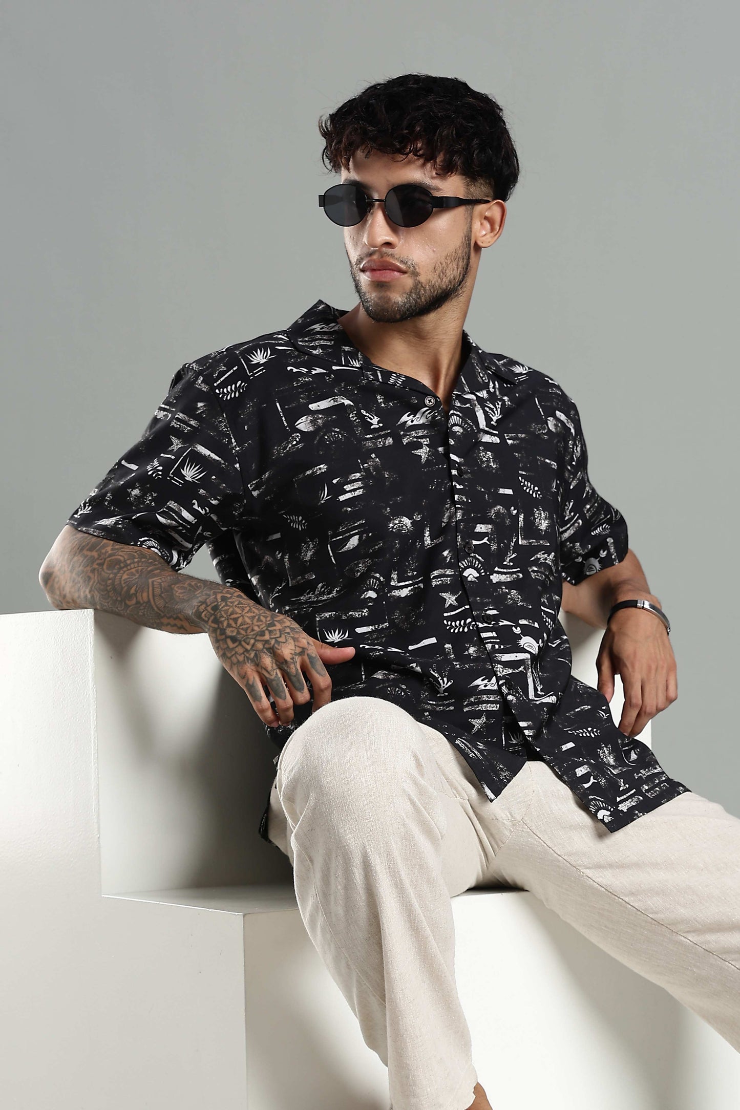 Relaxed-Fit Printed Cuban Collar Shirt in Black and White