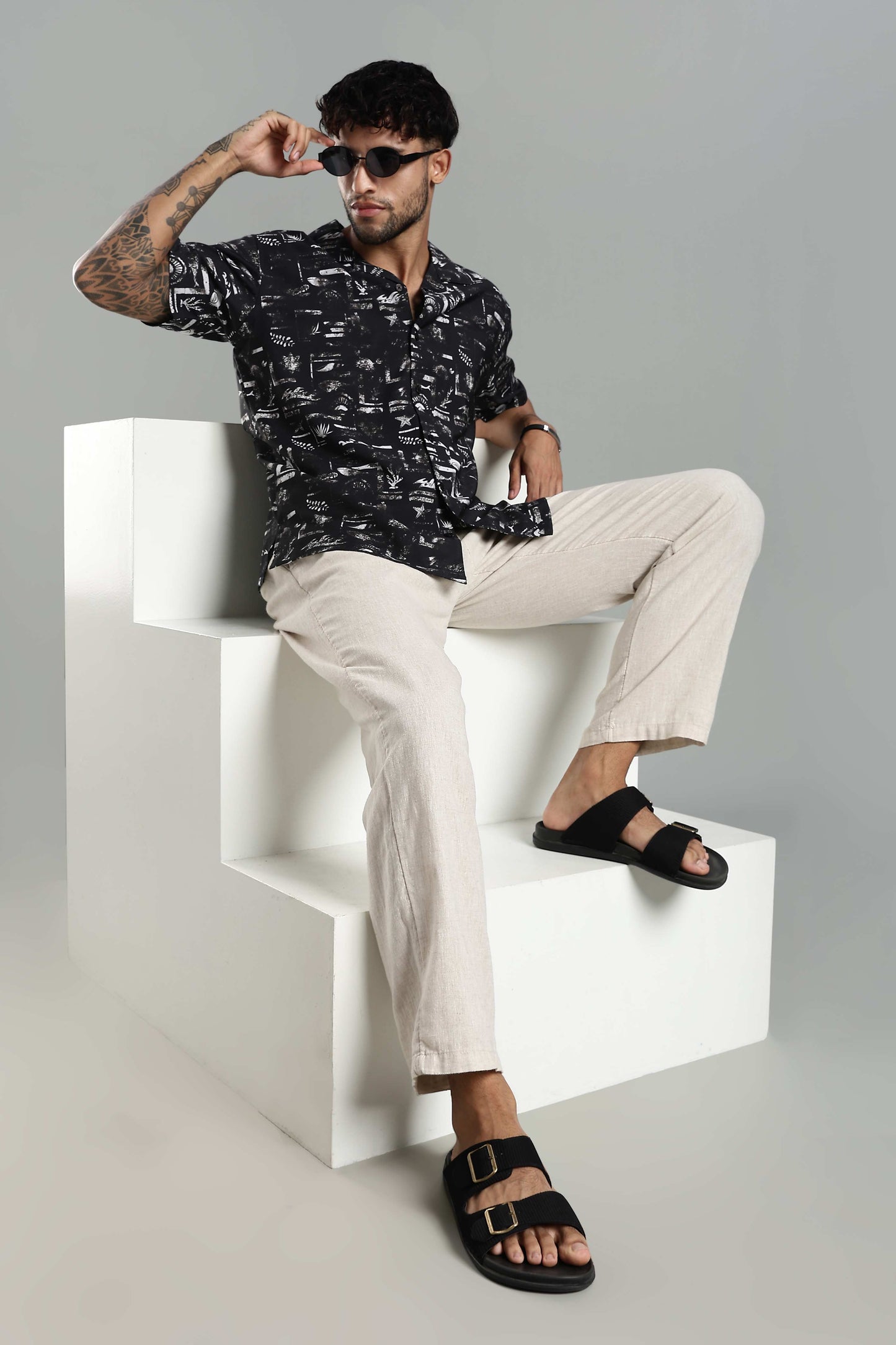 Relaxed-Fit Printed Cuban Collar Shirt in Black and White