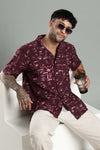 Wine Abstract Resort-Print Cuban Collar Shirt