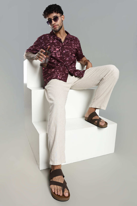 Wine Abstract Resort-Print Cuban Collar Shirt