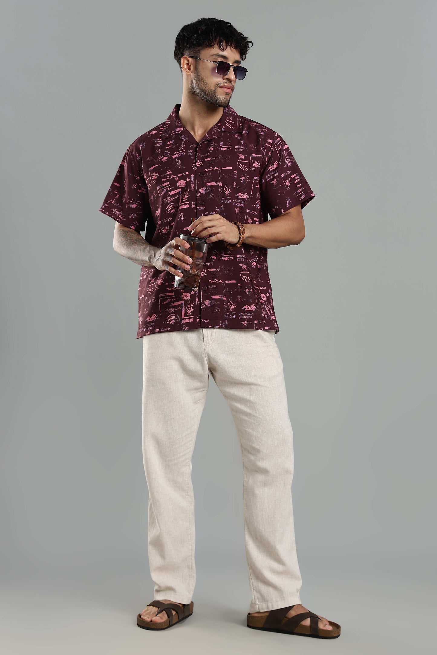 Wine Abstract Resort-Print Cuban Collar Shirt