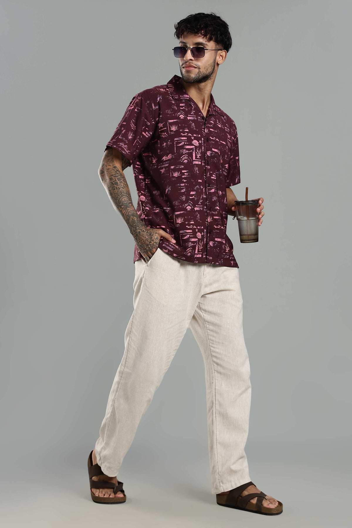 Wine Abstract Resort-Print Cuban Collar Shirt