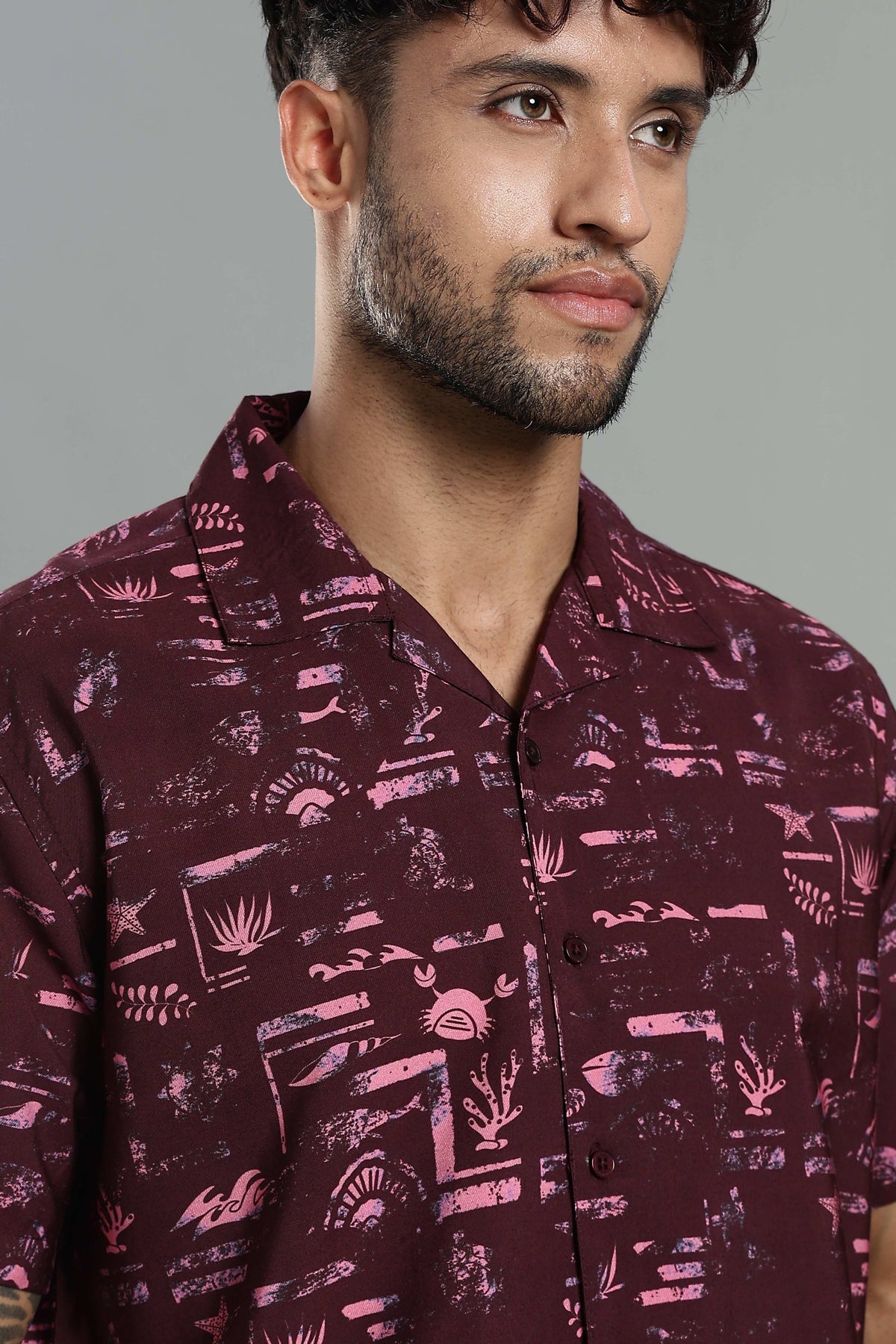 Wine Abstract Resort-Print Cuban Collar Shirt