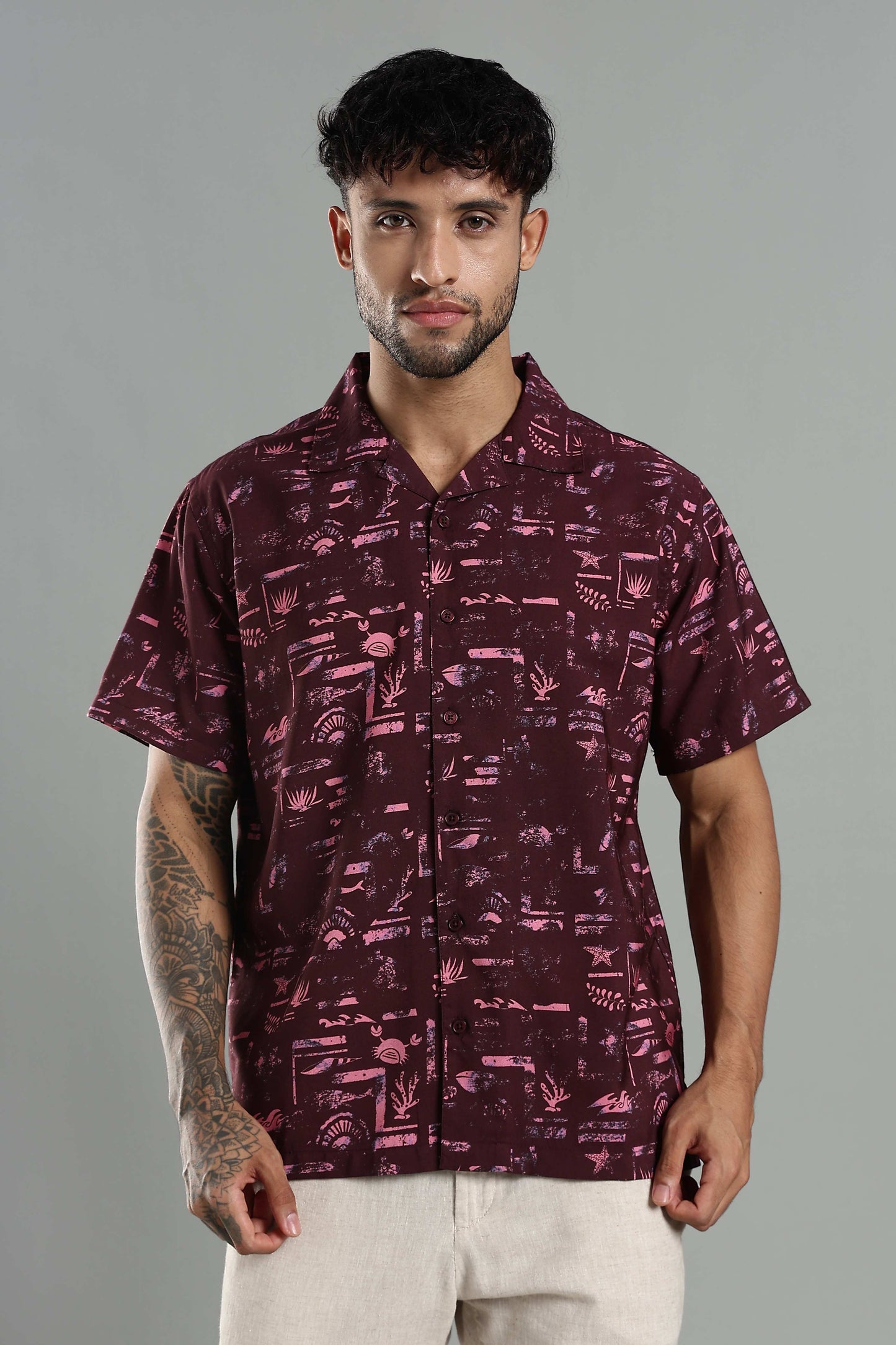 Wine Abstract Resort-Print Cuban Collar Shirt