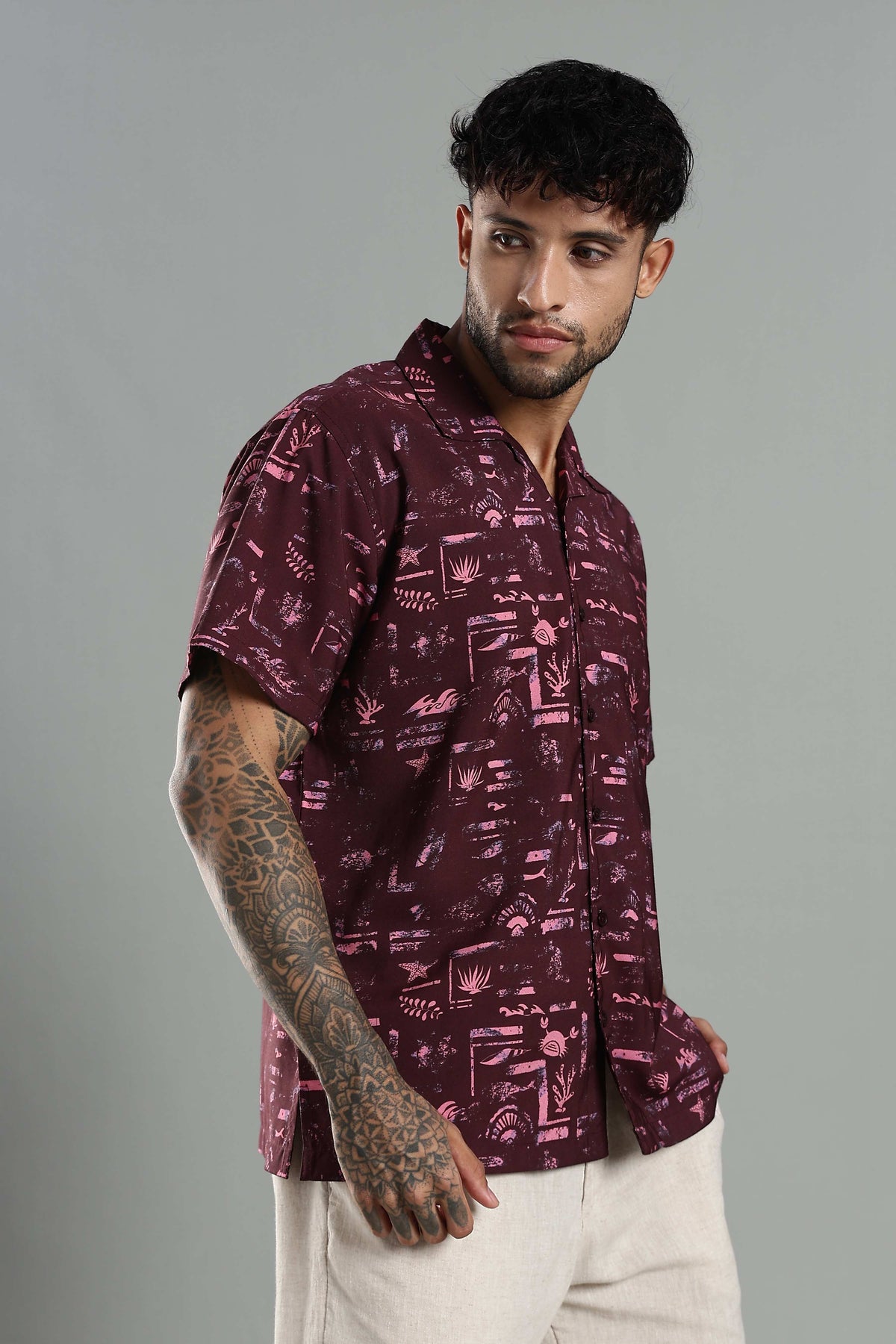 Wine Abstract Resort-Print Cuban Collar Shirt