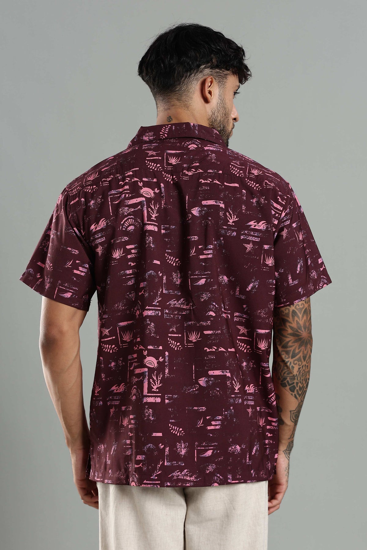 Wine Abstract Resort-Print Cuban Collar Shirt