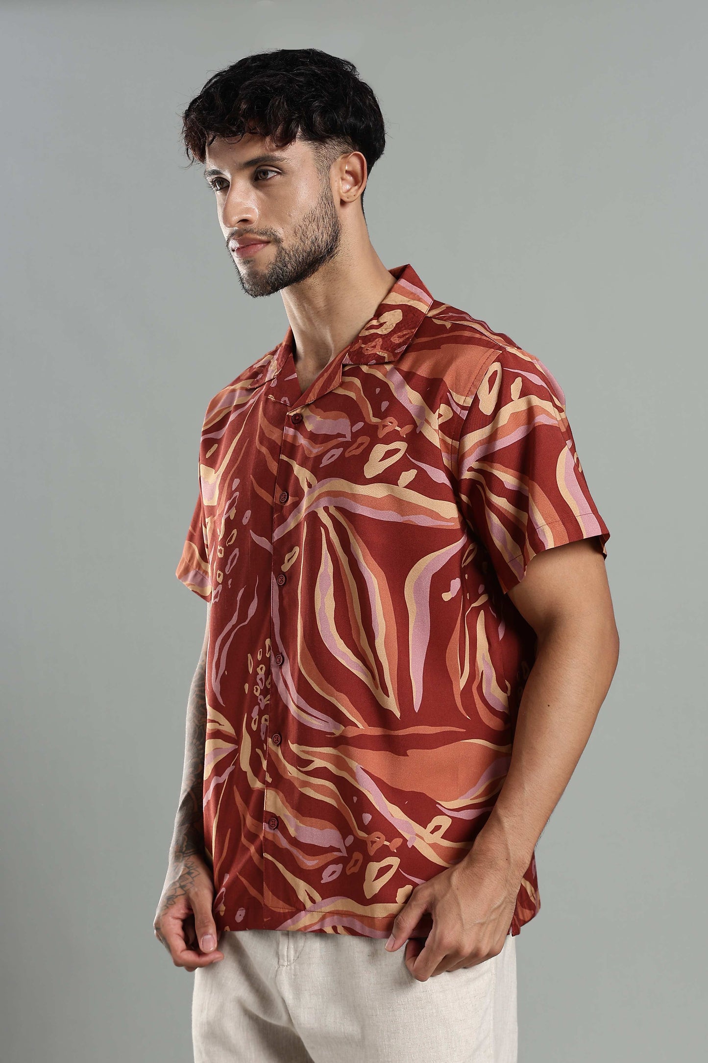 Tropical Print Cuban Collar Shirt