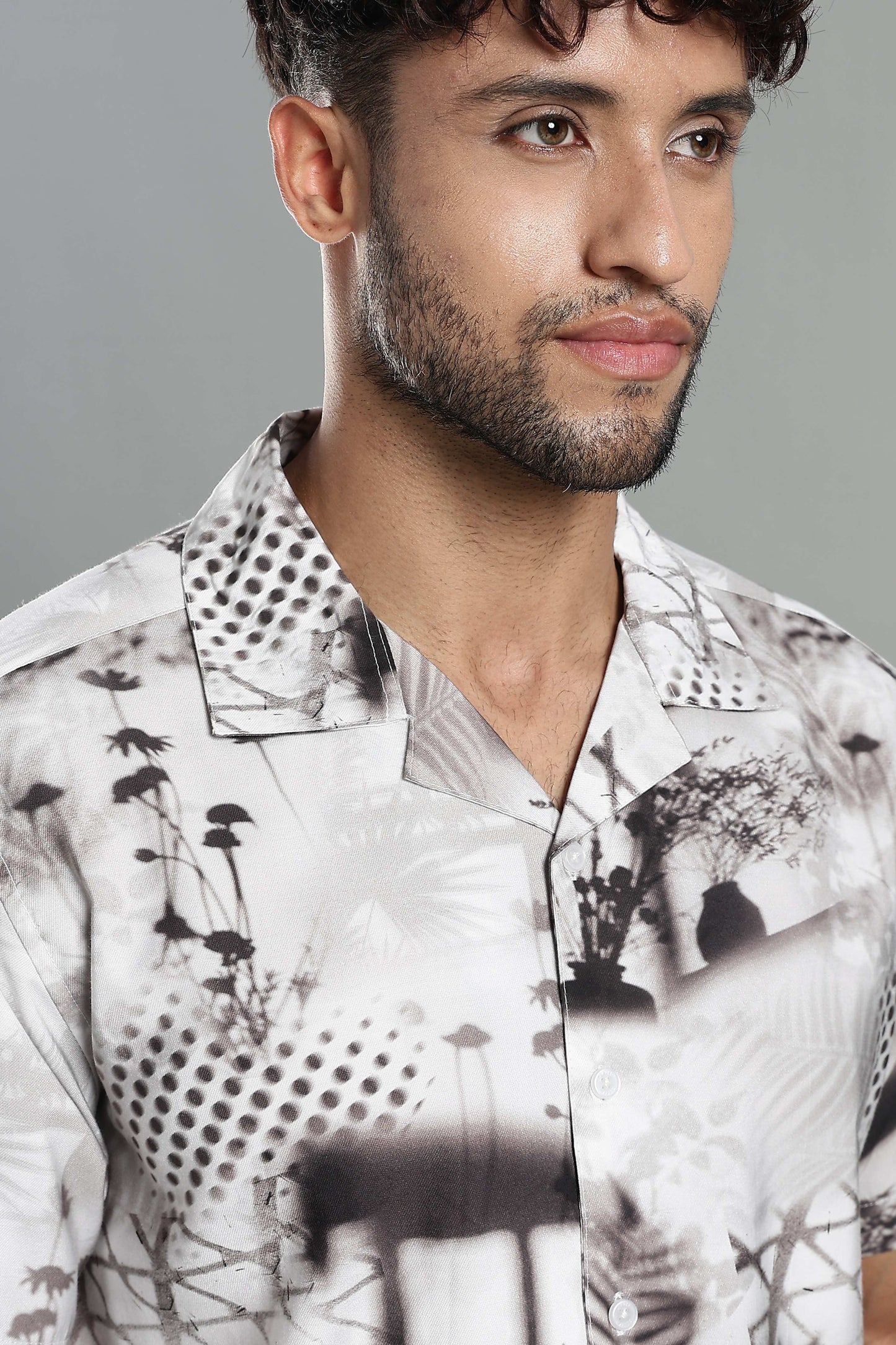 Nature-Print Cuban Collar Shirt