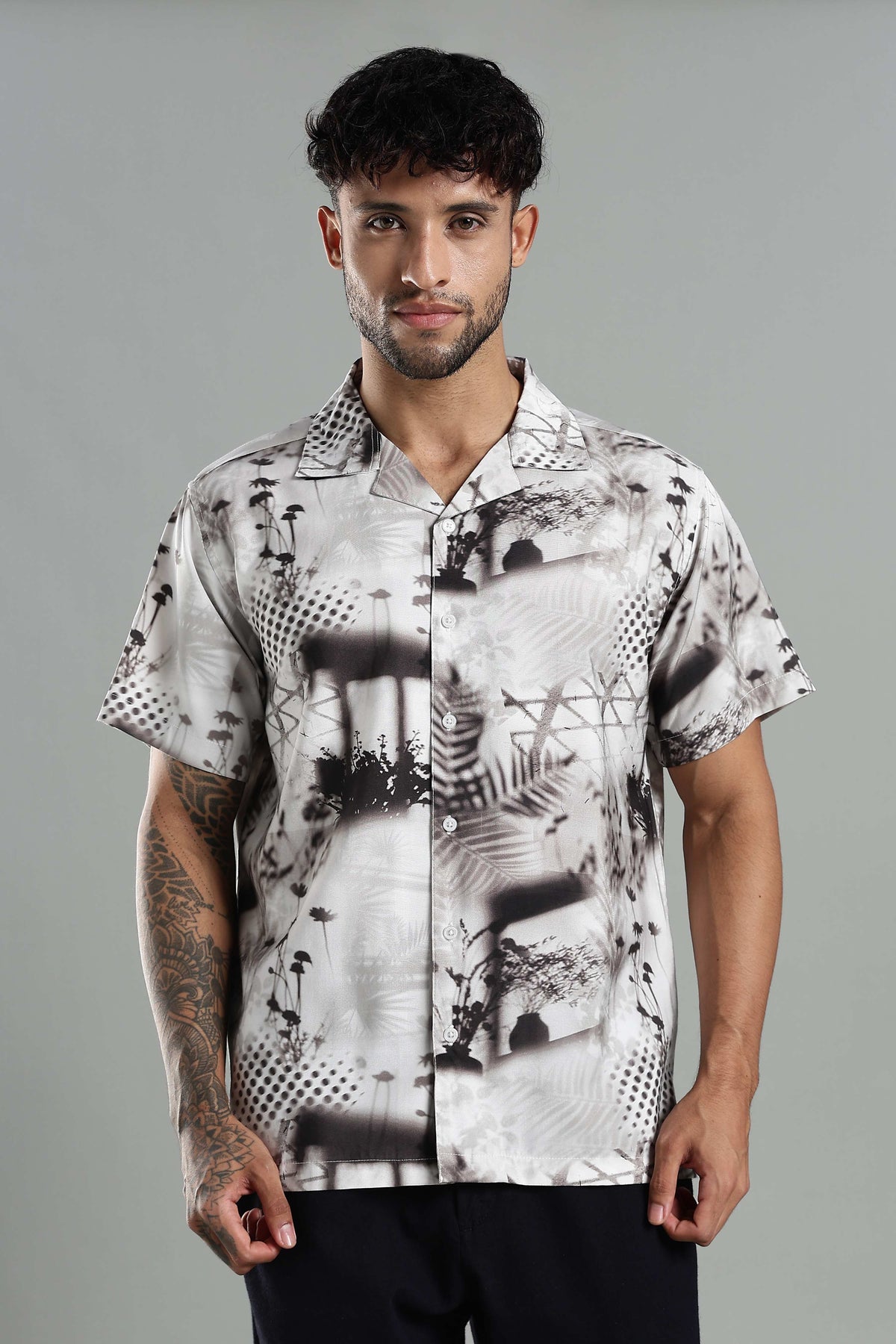 Nature-Print Cuban Collar Shirt