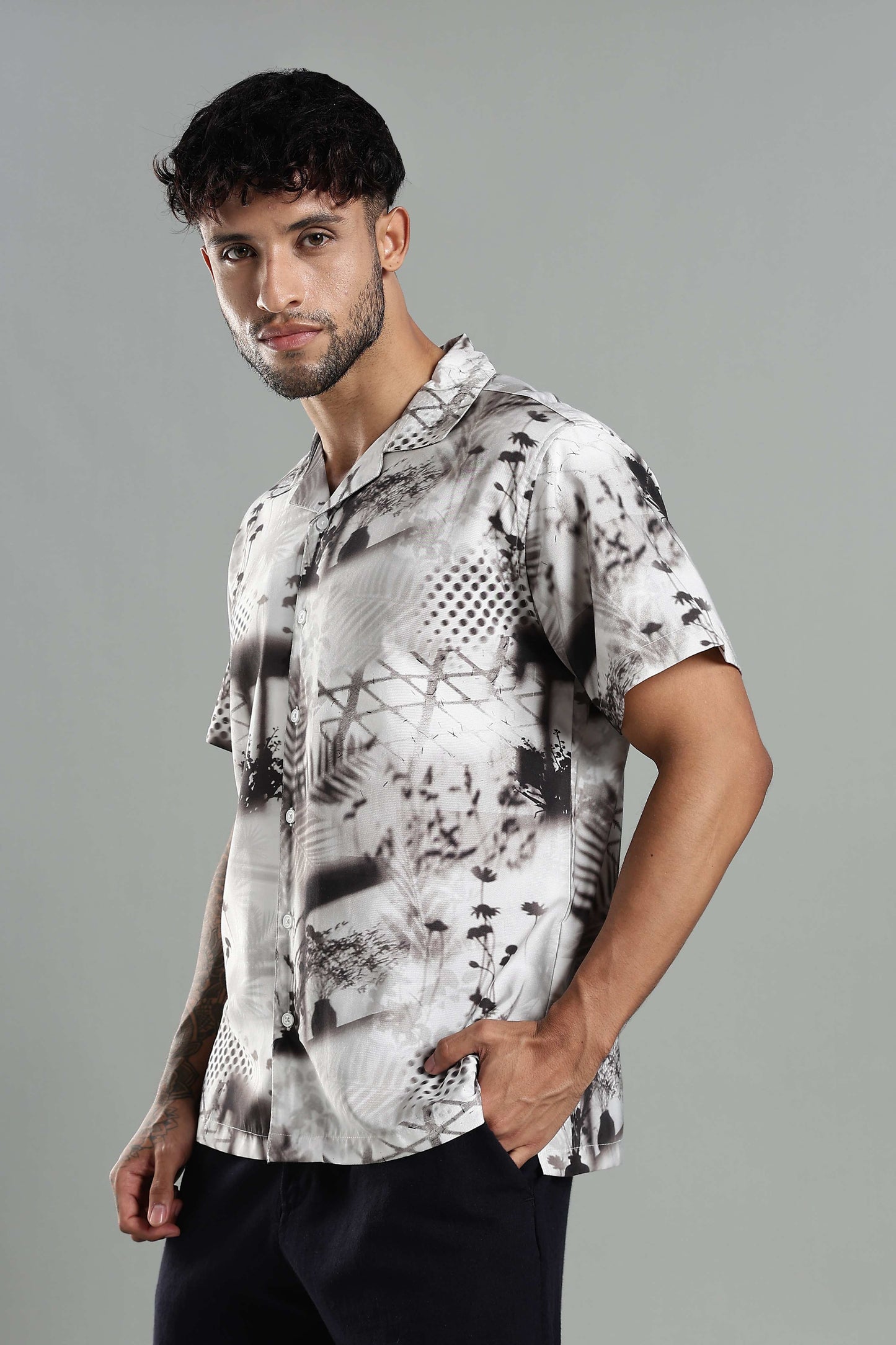 Nature-Print Cuban Collar Shirt