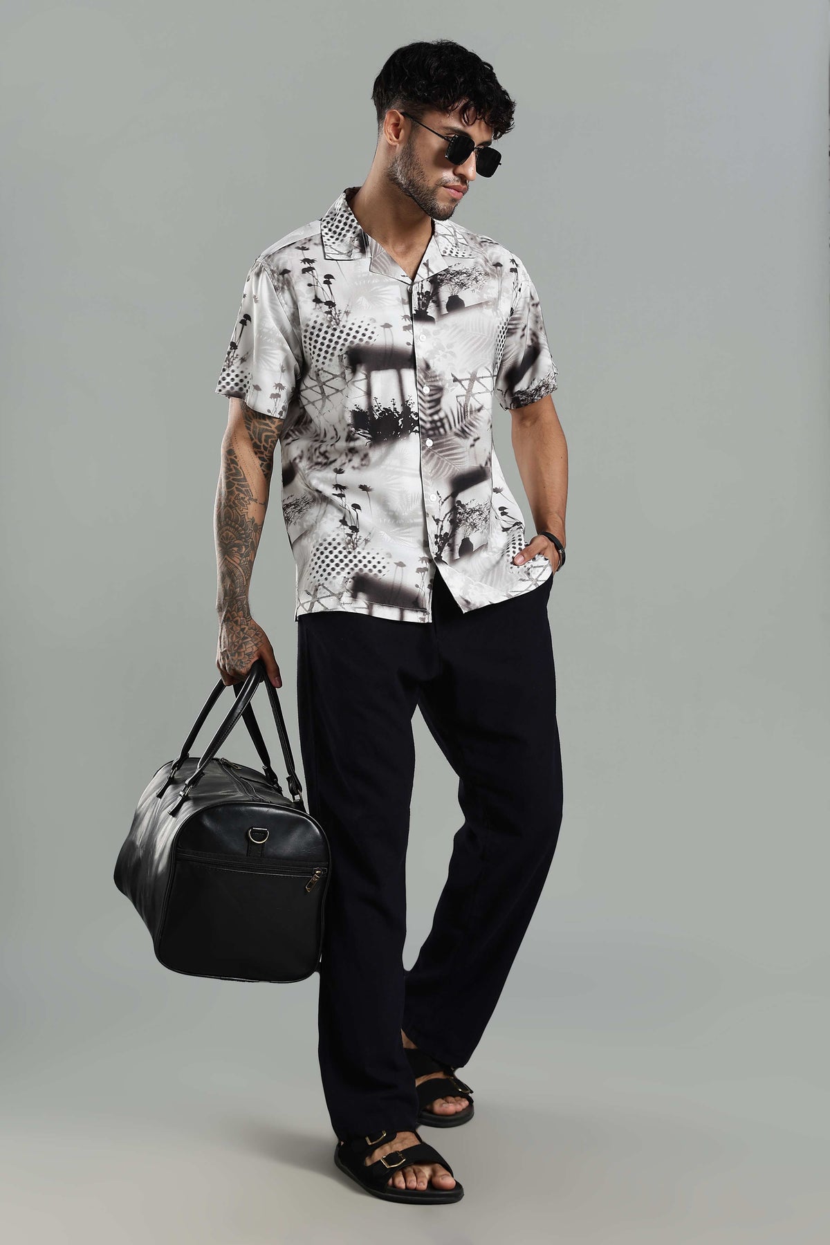 Nature-Print Cuban Collar Shirt